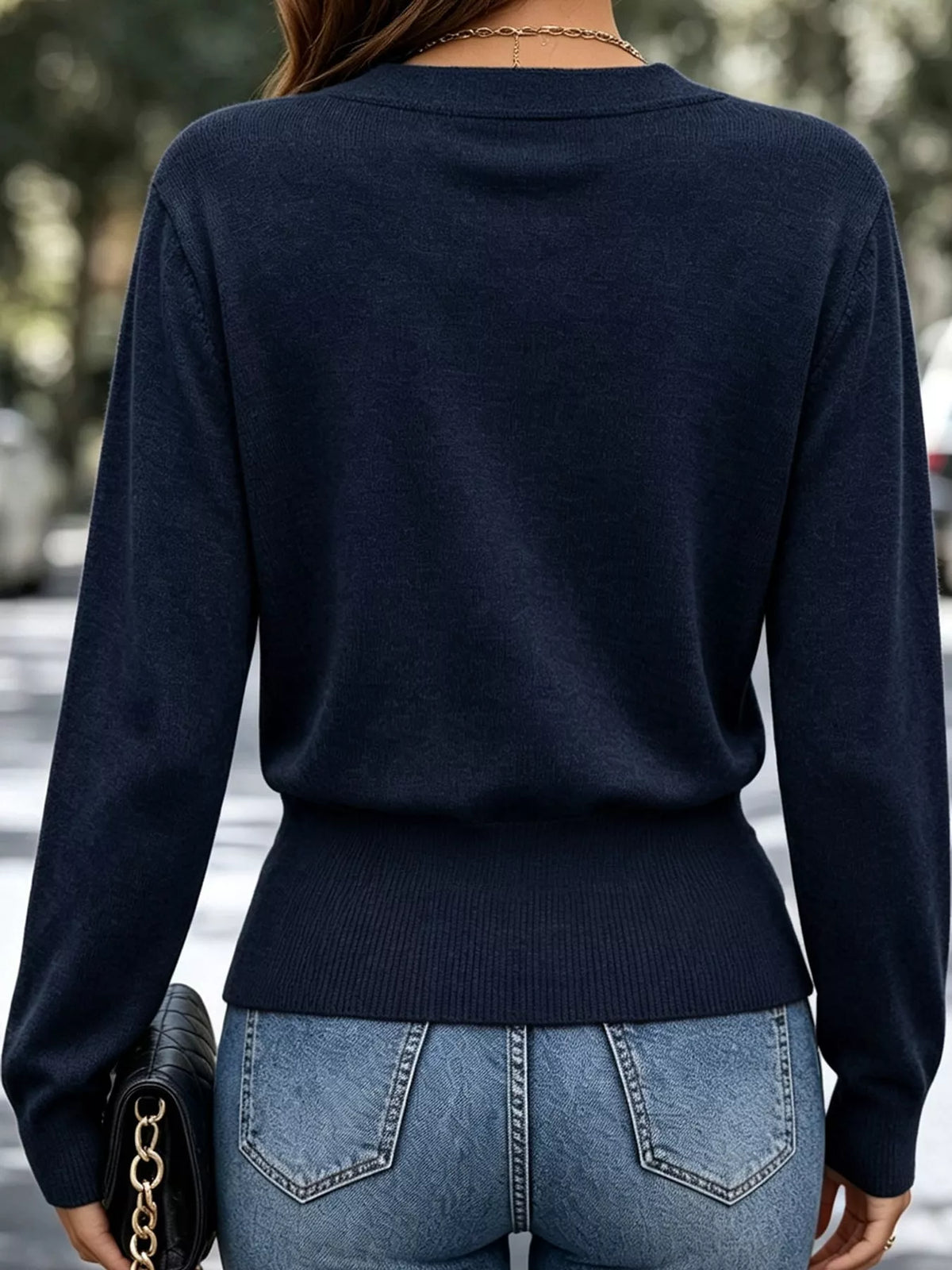 Surplice knit top, navy back