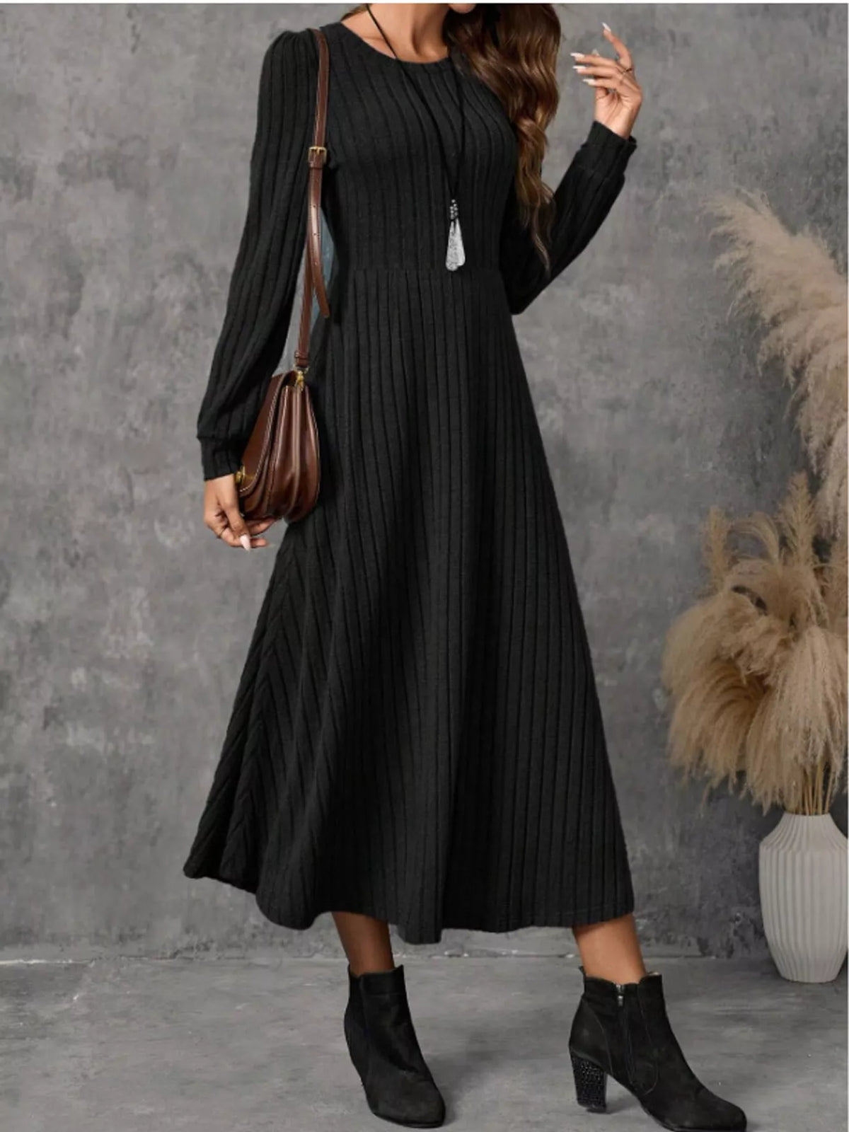 Women's Ribbed Knit Long Sleeve A-Line Midi Dress in black — front view