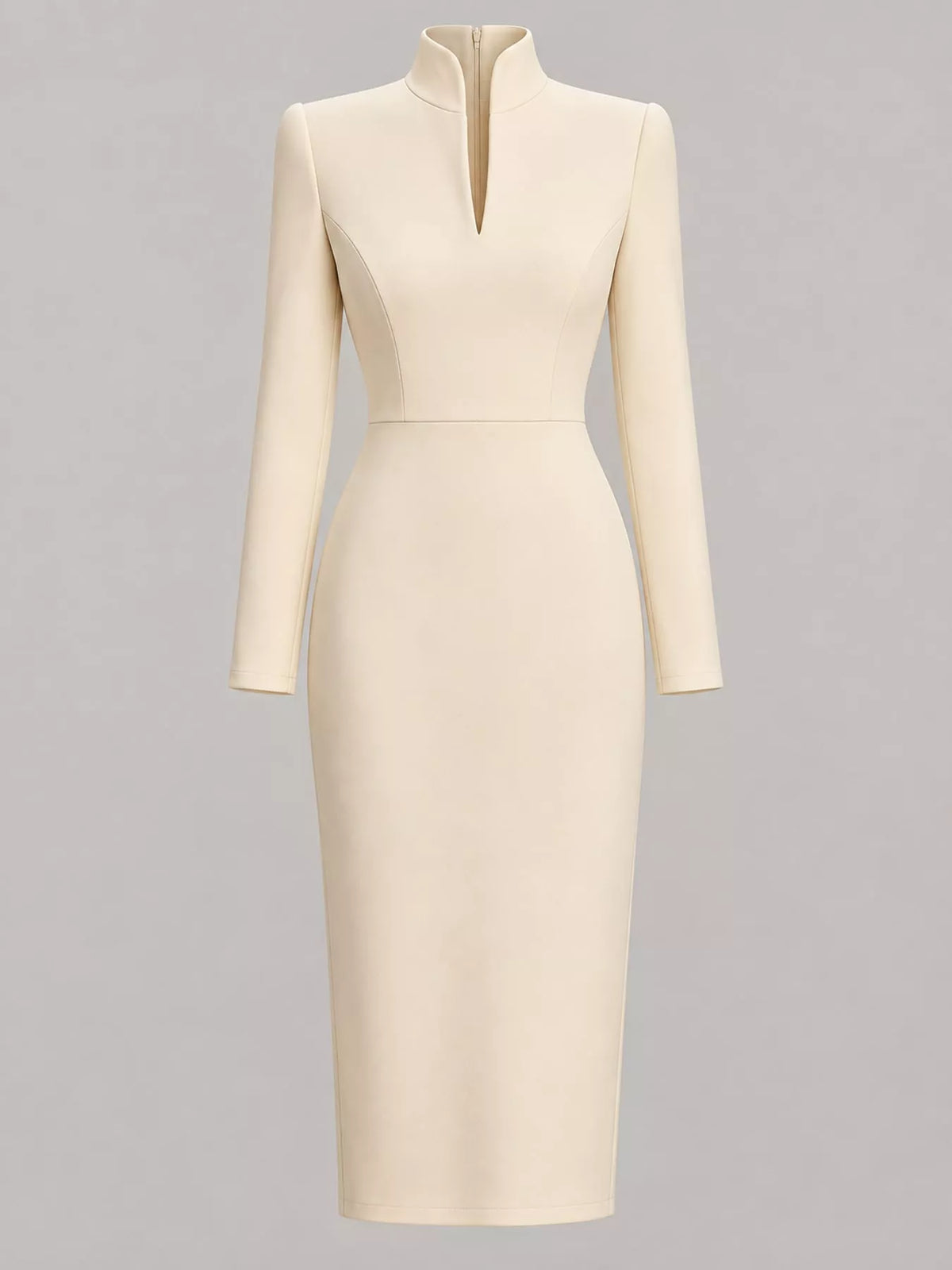 Women's Stand-Collar Long-Sleeve Midi Dress in cream — flat lay view