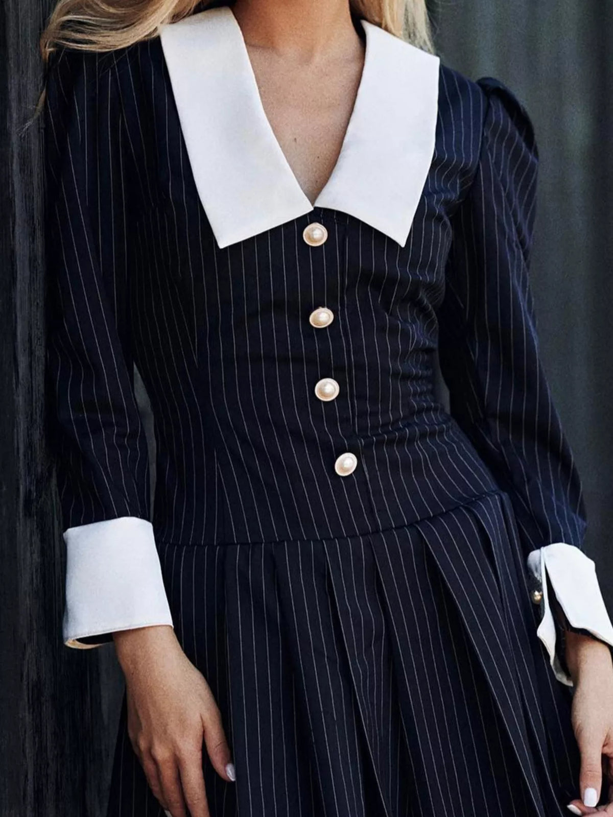 Striped long-sleeve pleated mini dress