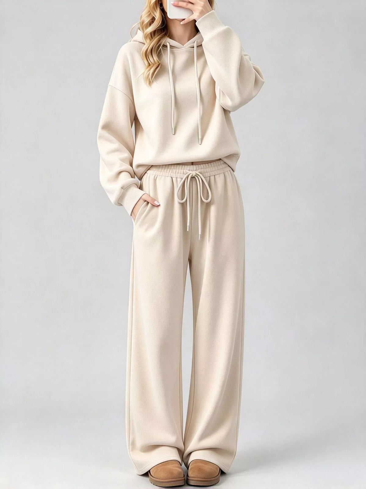 Apricot dropped shoulder hoodie and wide-leg pants set