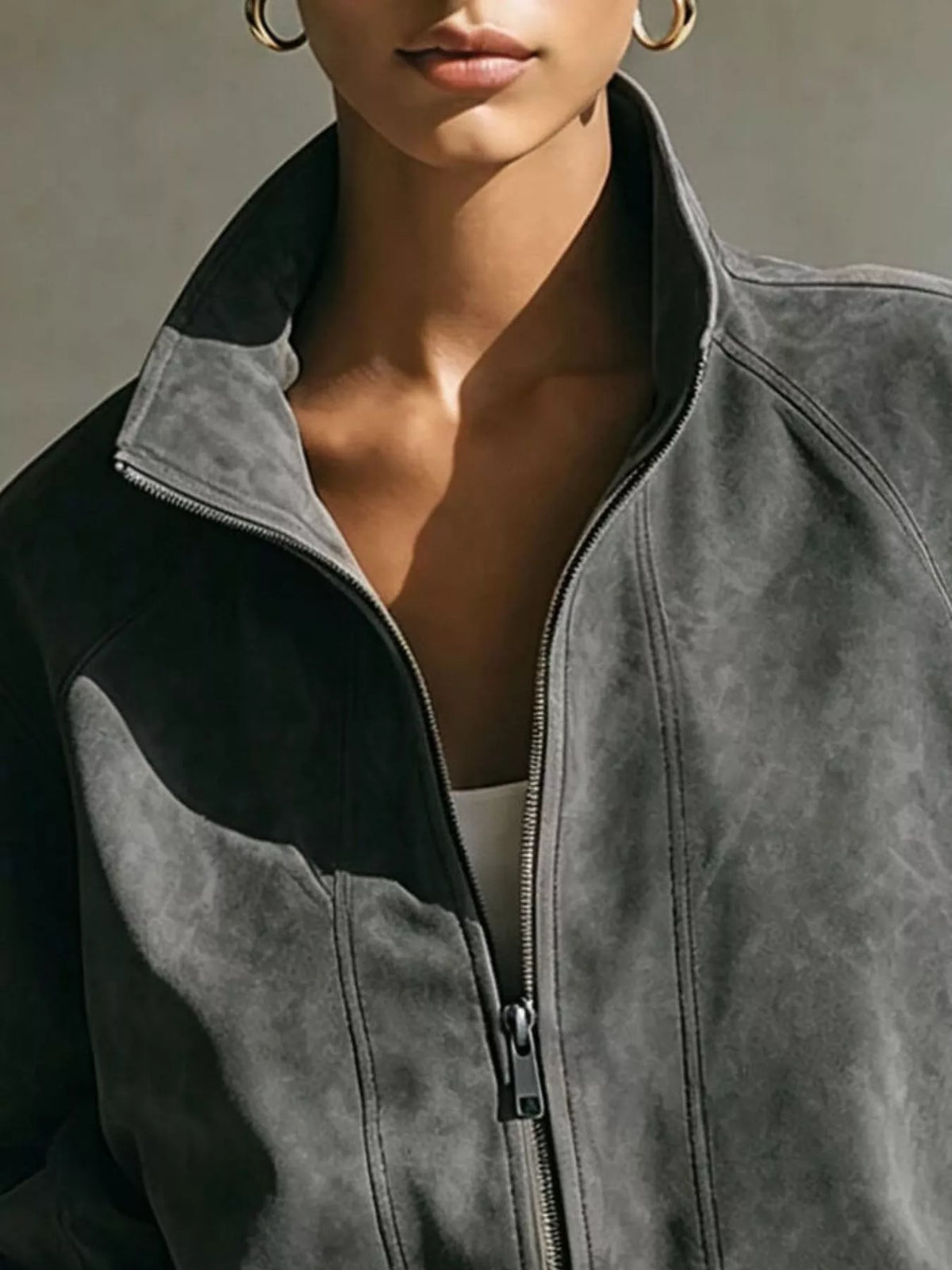 Faux Suede Zip-Up Stand Collar Cropped Jacket, collar detail