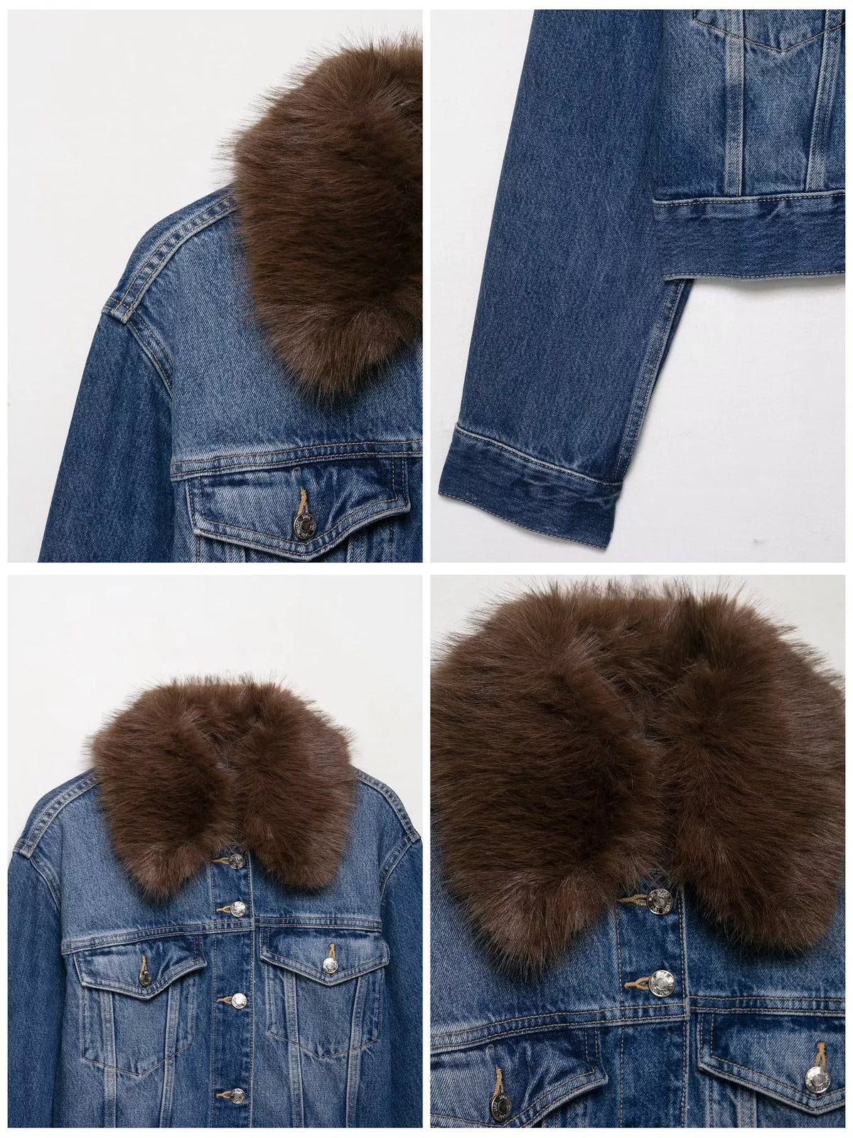 Faux Fur Collar Cropped Denim Jacket, detail view in blue