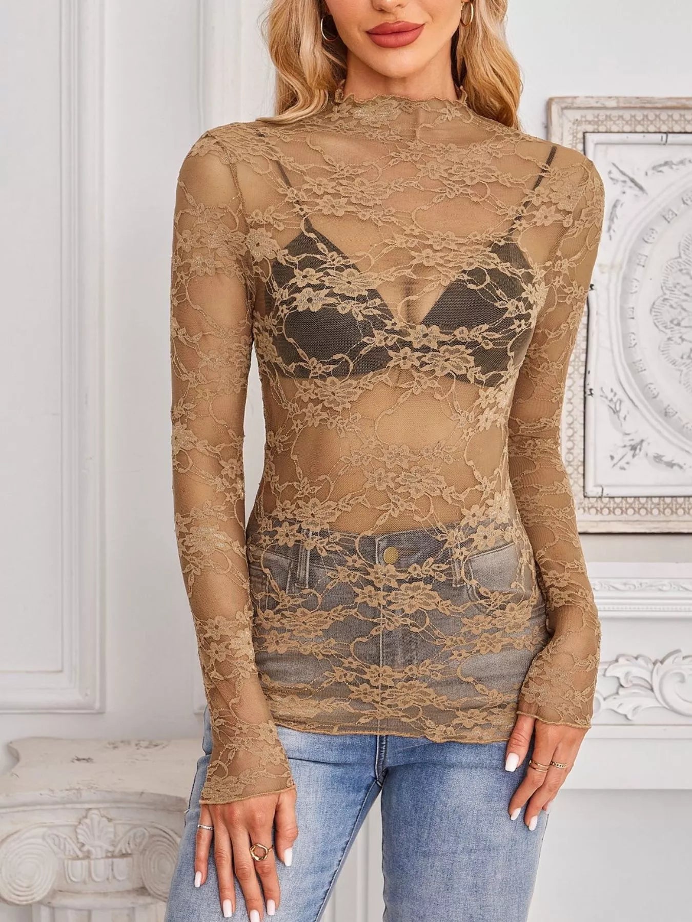 Trendsi Sheer Floral Lace Long Sleeve Top -