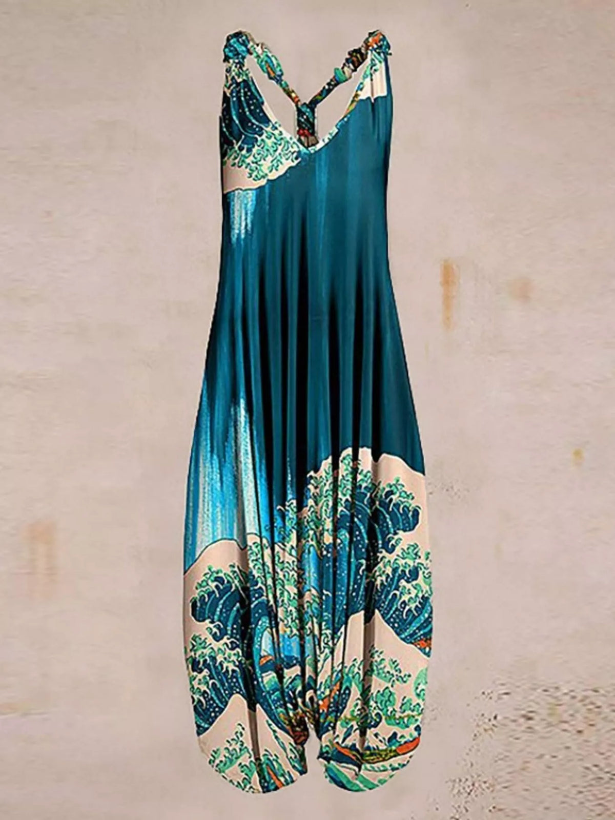 Teal wave-print V-neck sleeveless jumpsuit