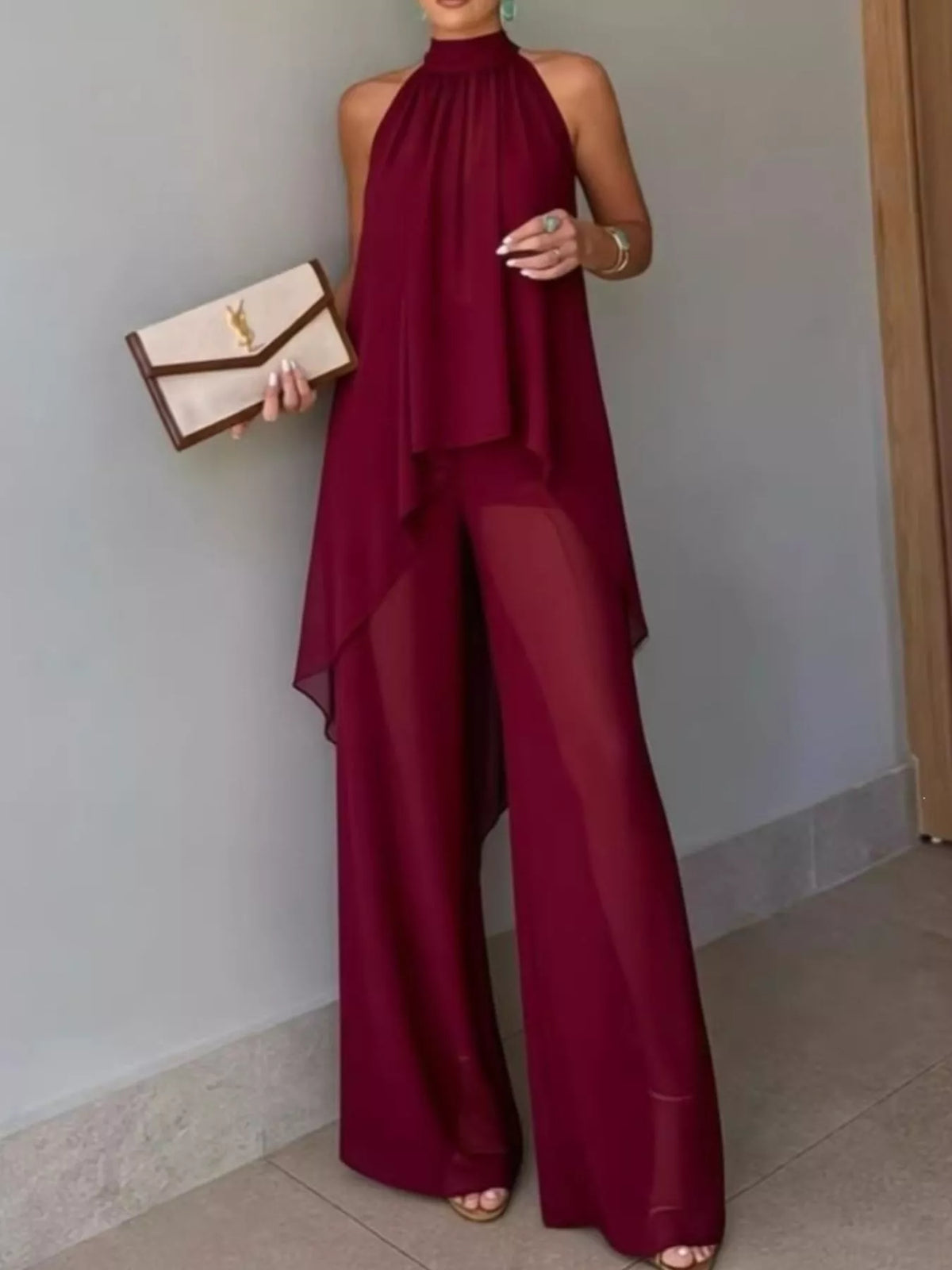 Burgundy High-Low Sleeveless Top & Wide-Leg Pants Set front view