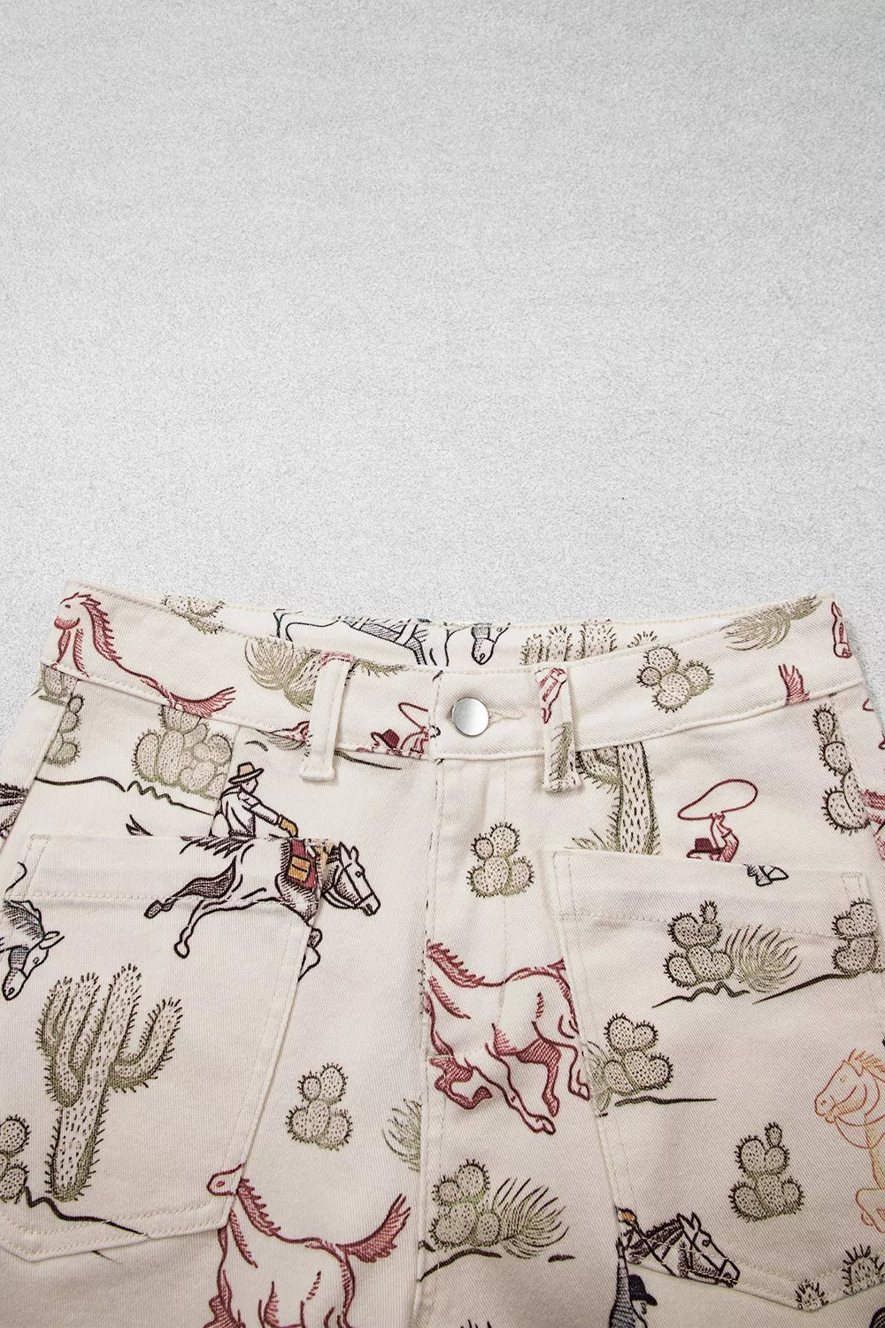 Western Print Straight-Leg Ankle Jeans in beige, waistband detail
