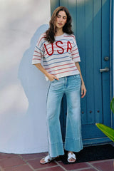 Trendsi SO ME Usa Stripe Knit Short Sleeves Sweater Top -