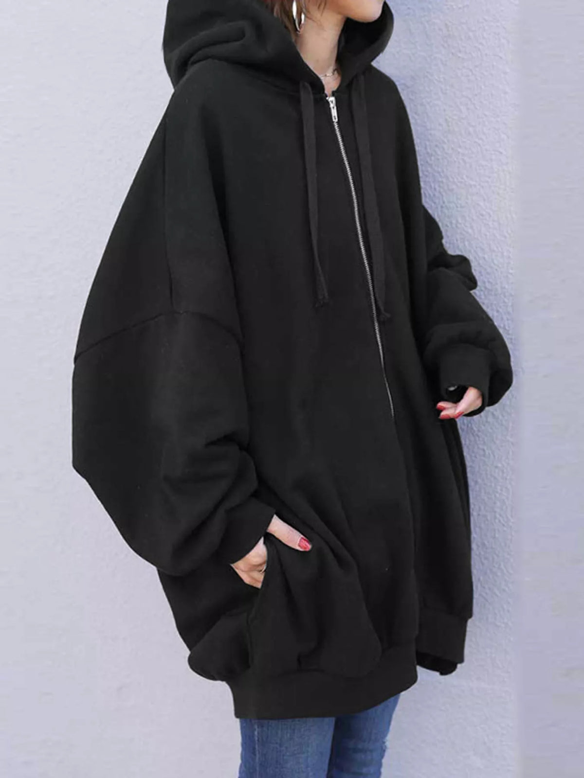 Black drawstring zip-up oversized hoodie