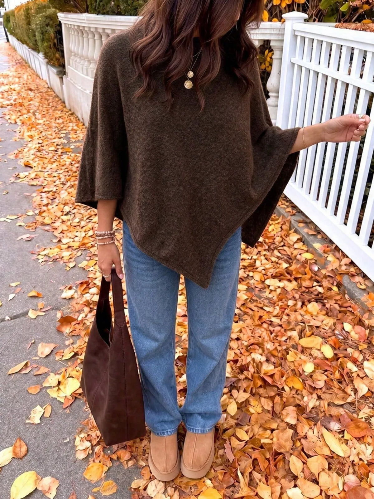 Brown Oversized Round Neck Cape Sweater, front view