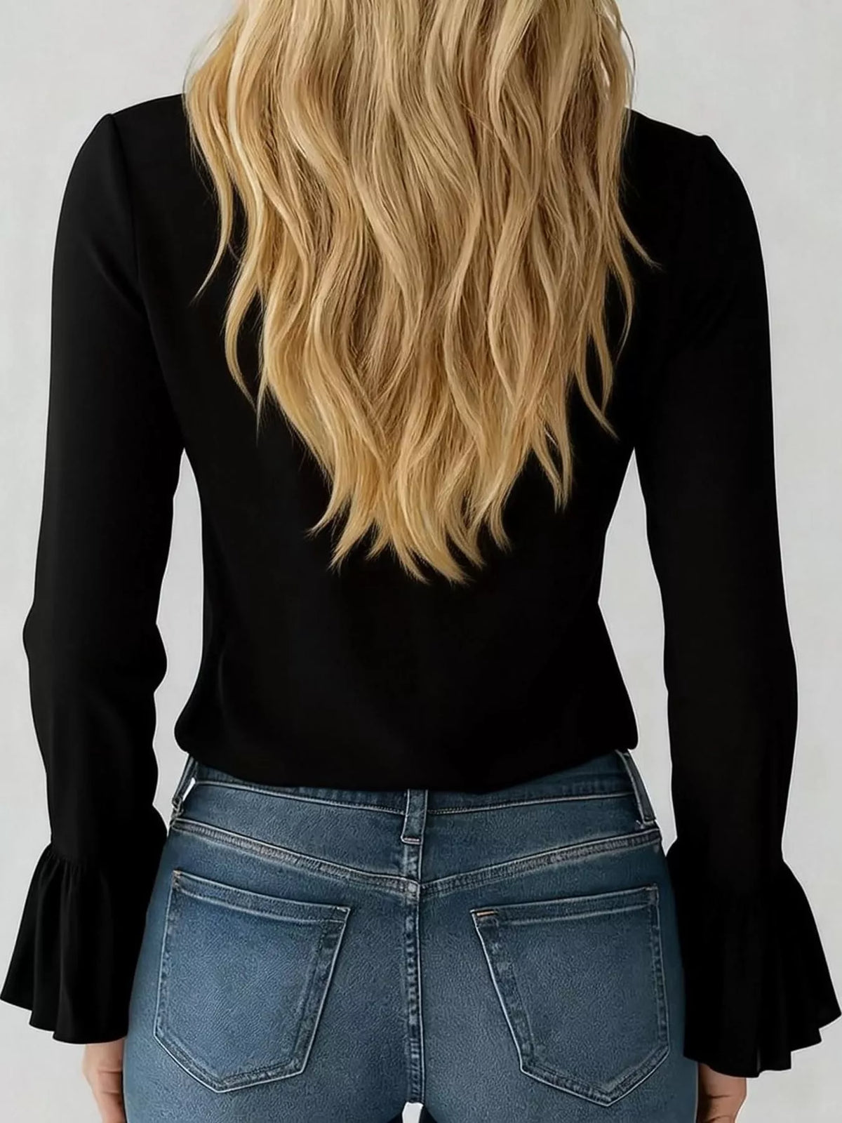 V-neck long sleeve blouse, back view