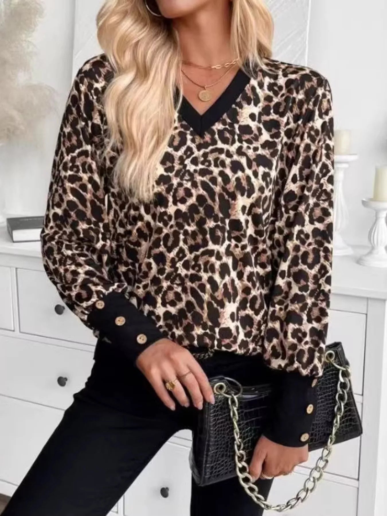 Trendsi Printed V-Neck Long Sleeve T-Shirt with Button Cuffs -
