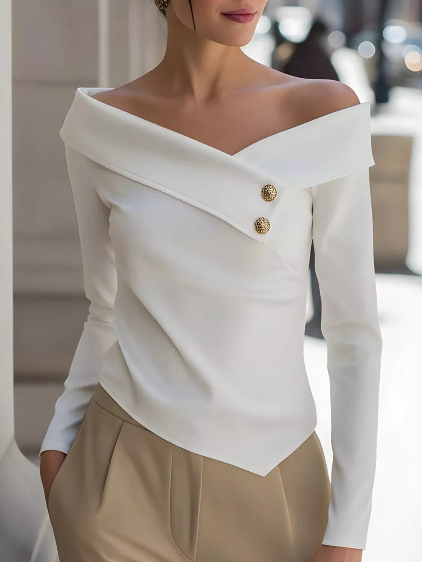 Trendsi Elegant Off-the-Shoulder Blouse with Decorative Buttons -