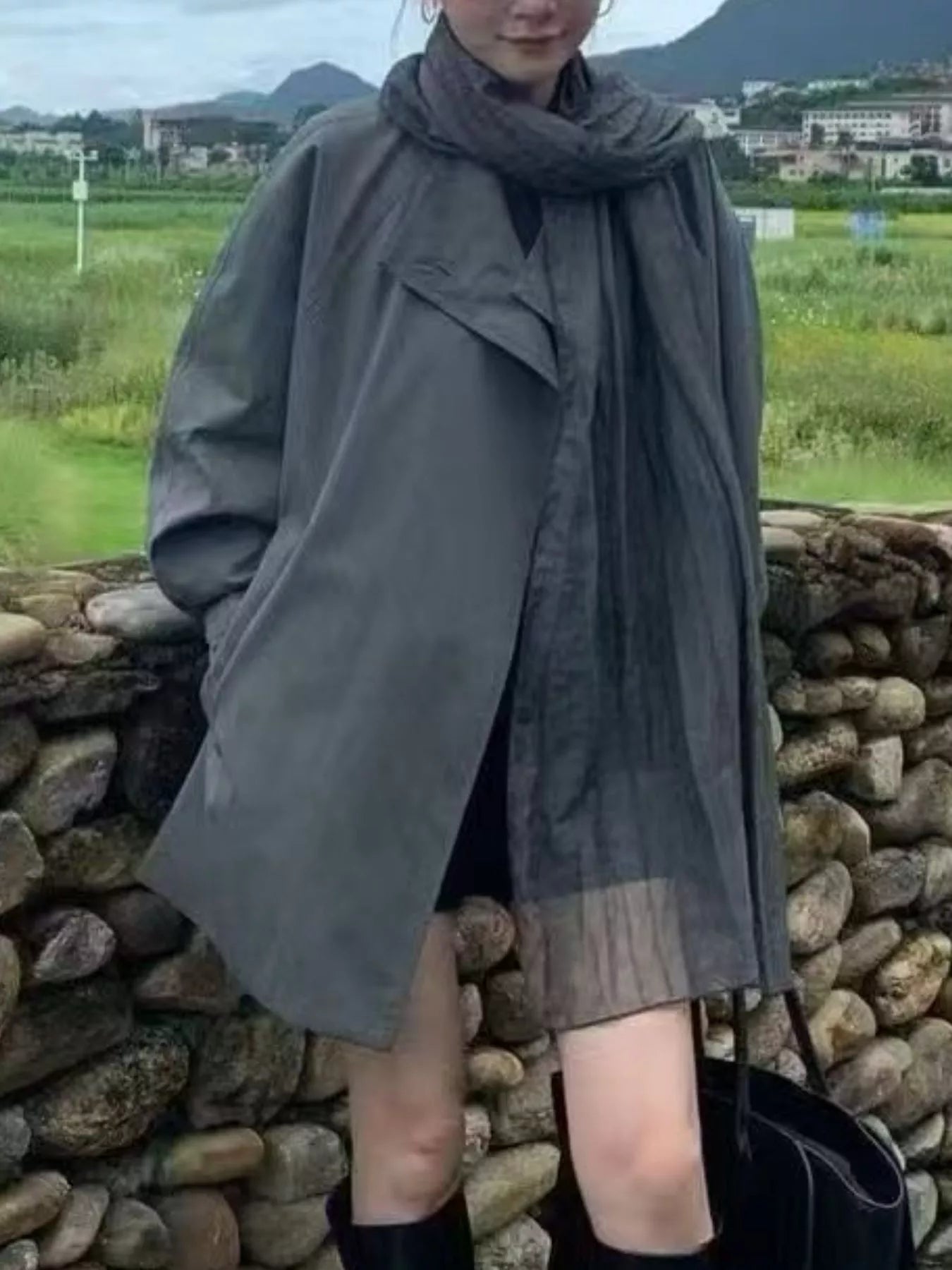 Trendsi Open Front Long Sleeve Trench Coat -
