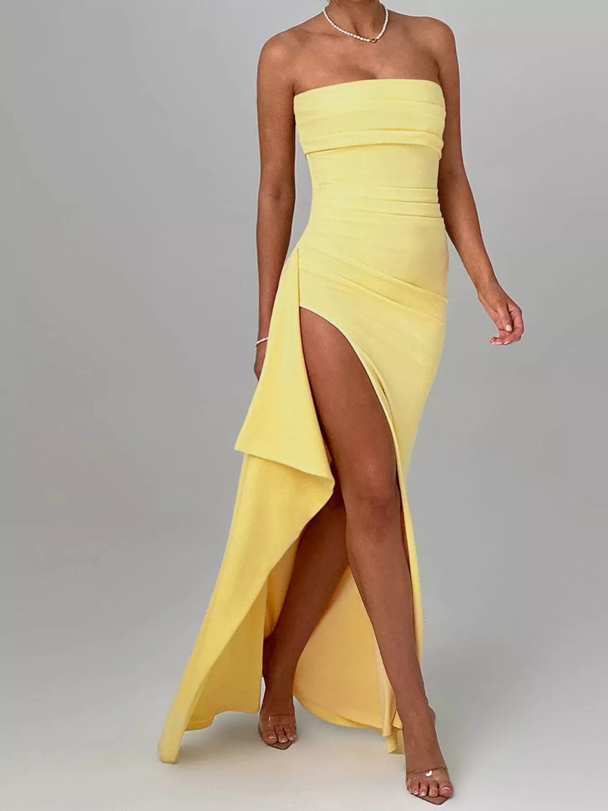 Yellow strapless high slit bodycon maxi evening dress, front view