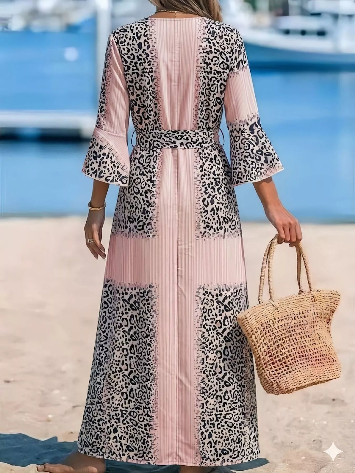 Women's Leopard Print Patchwork Maxi Dress in Blush Pink, alternate view
