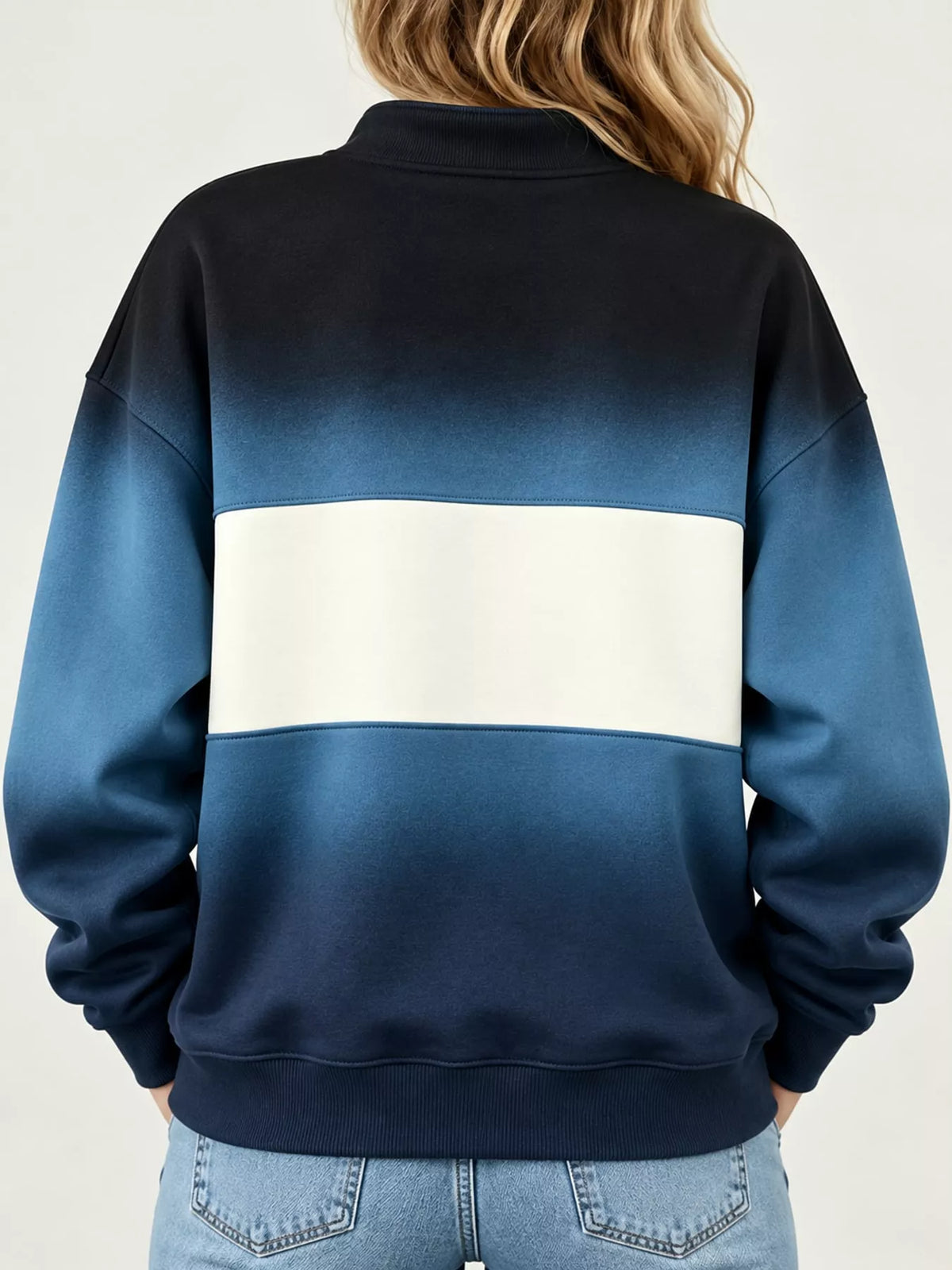 Blue ombre and cream color block snap-button sweatshirt, back view