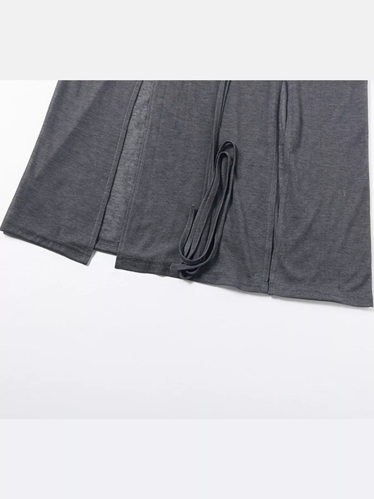 Gray sleeveless high slit hooded maxi dress, detail view