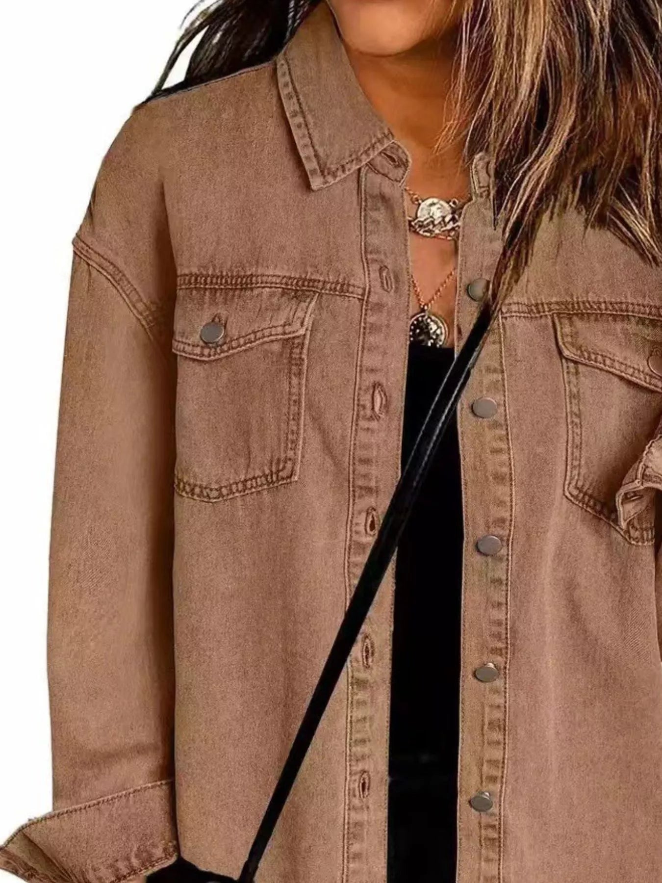 Trendsi Frayed Hem Button Up Denim Jacket -