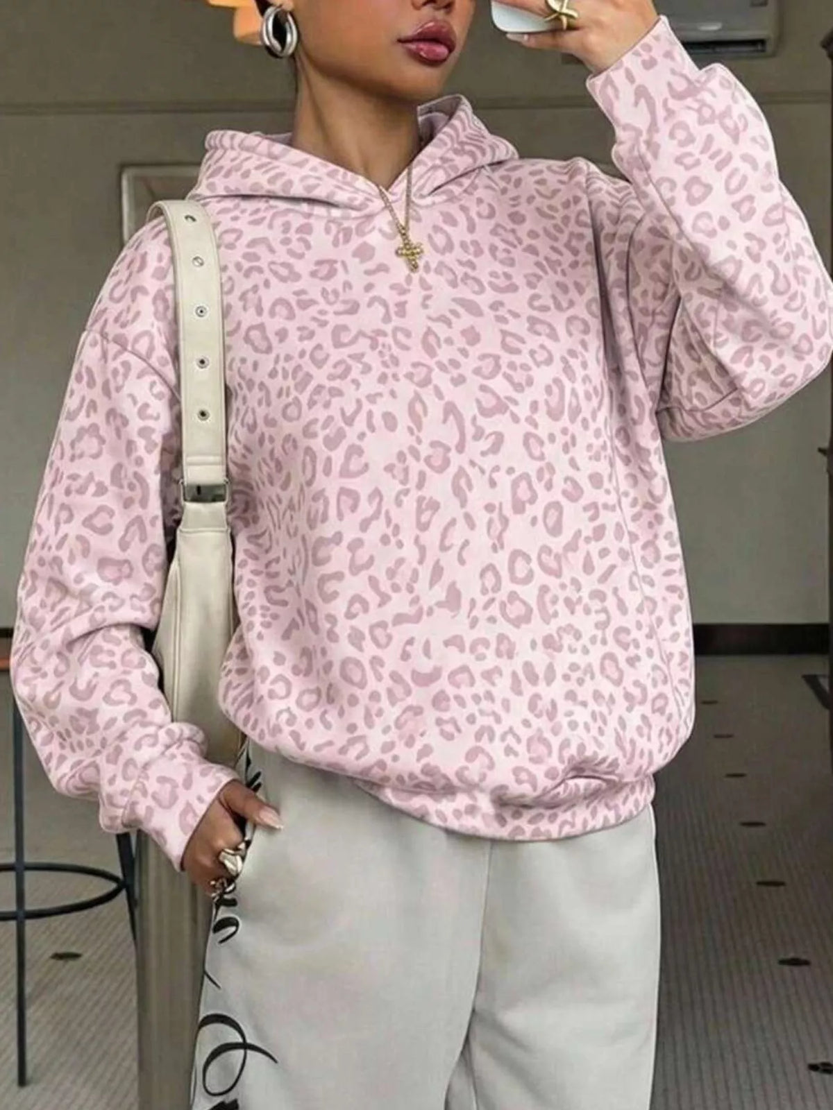 Trendsi Leopard Dropped Shoulder Hoodie -