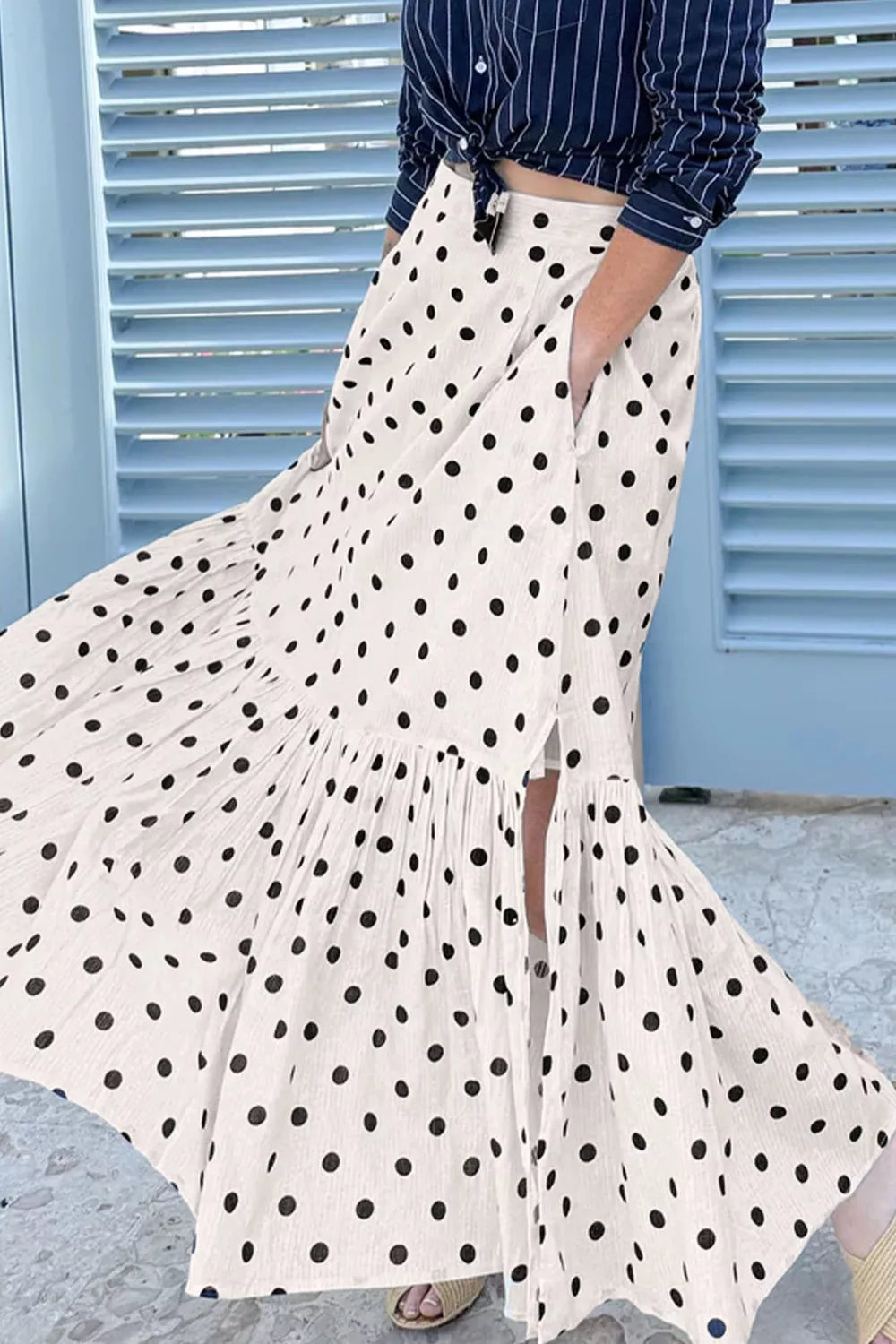 Trendsi Polka Dot Ruffled Slit Maxi Skirt -
