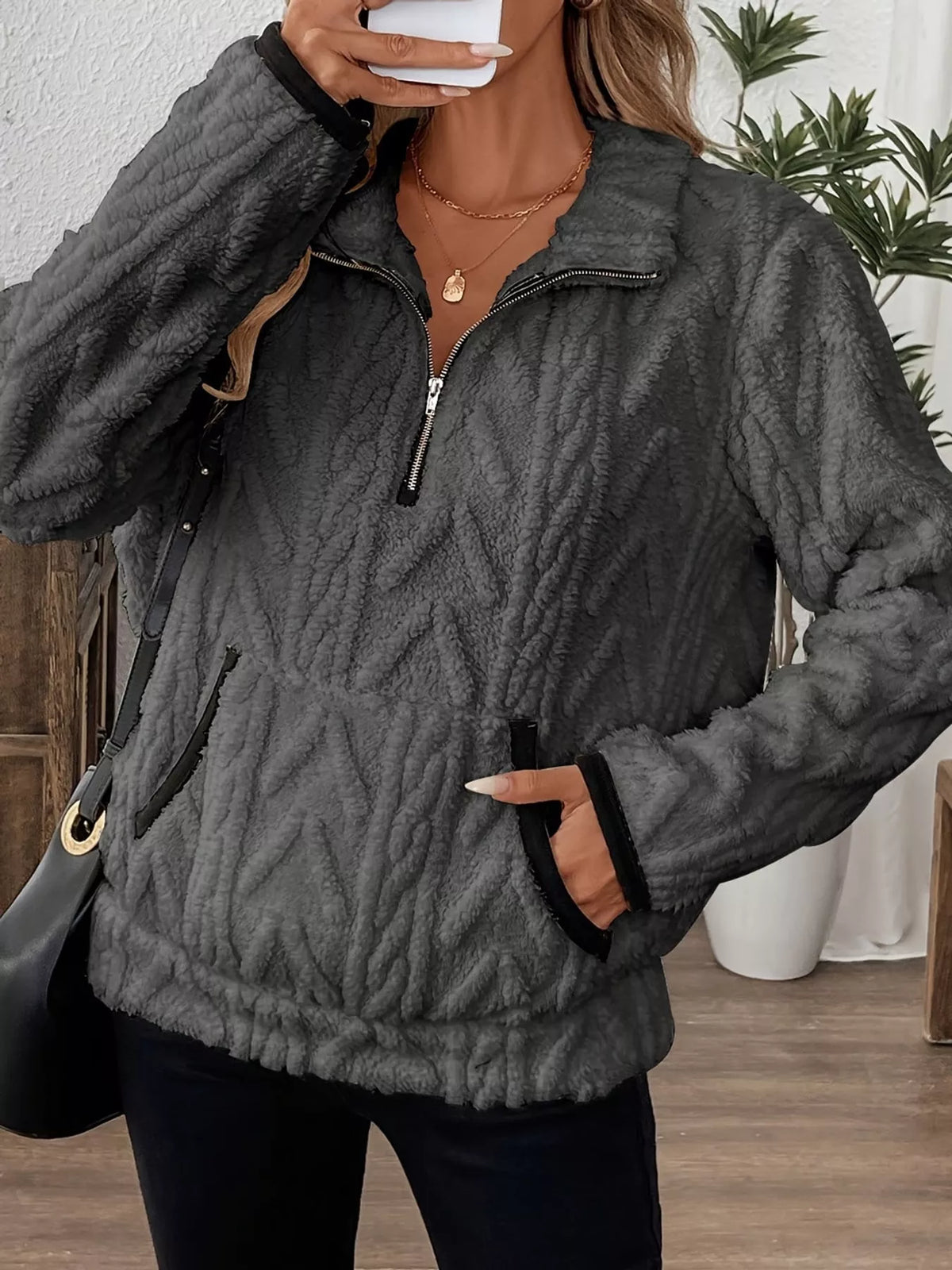 Women's Quarter-Zip Sherpa Sweatshirt in charcoal — front view