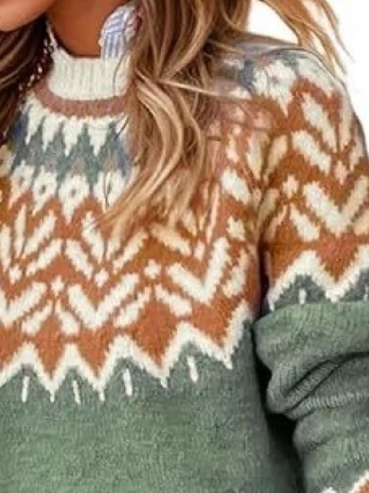 Fair Isle Patterned Long Sleeve Sweater in green, pattern detail