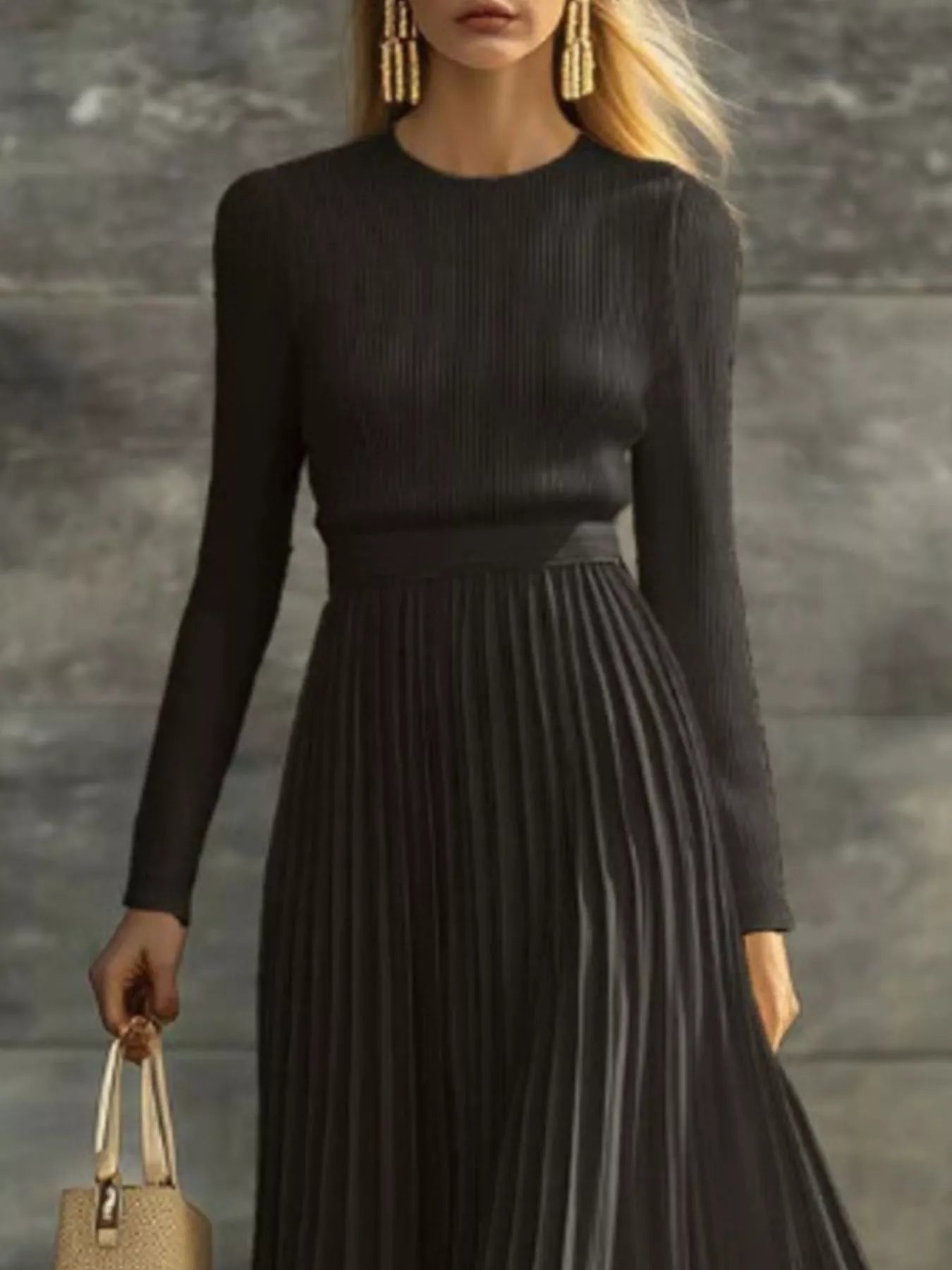 Trendsi Ribbed Knit Pleated Midi Dress -