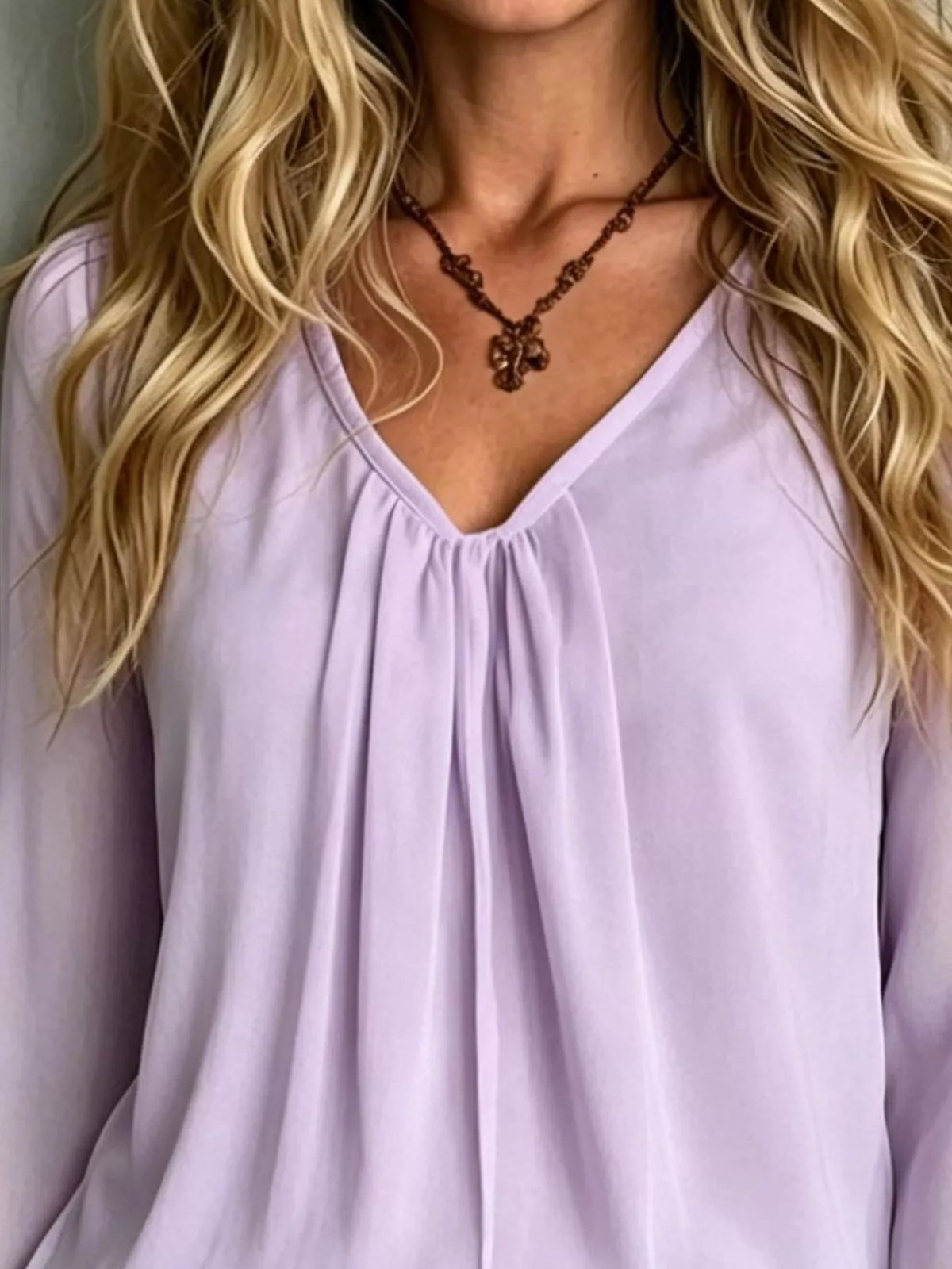 Pink Purple V-Neck Flounce Sleeve Blouse detail view