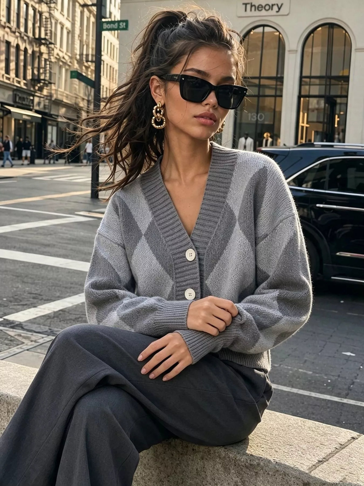 Gray argyle v-neck button-front cardigan, seated front view.