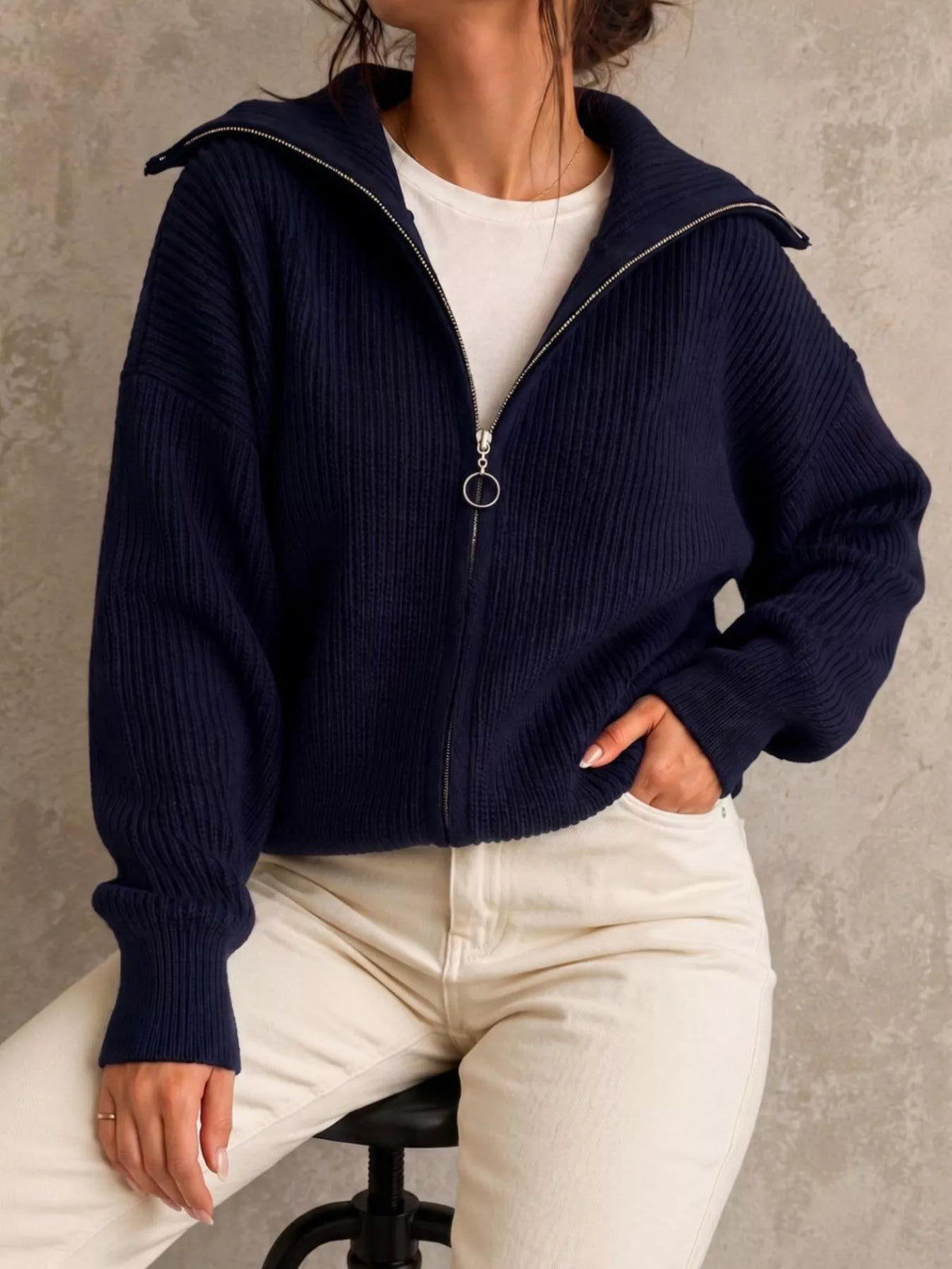 Trendsi Zip Up Dropped Shoulder Cardigan -