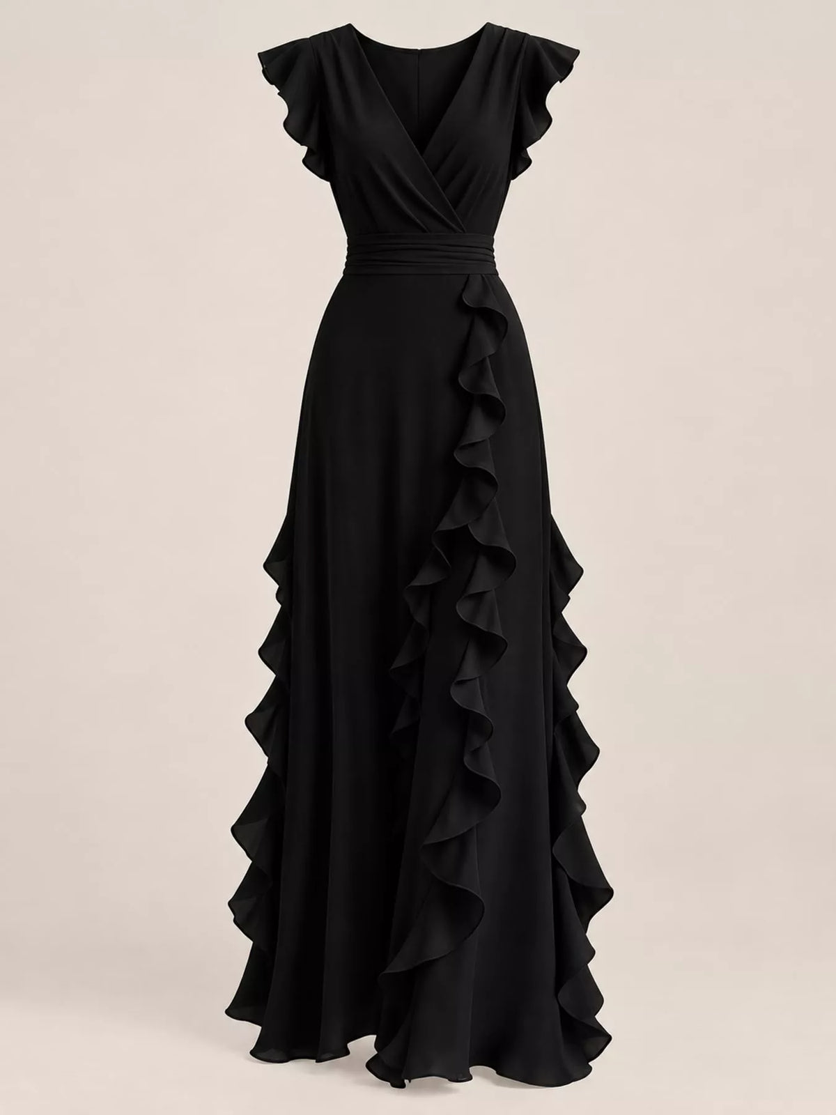 Black ruffled surplice maxi dress, front product view