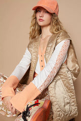 Trendsi POL Front Zipper Floral Pattern Quilted Vest Coat with Front Pockets -