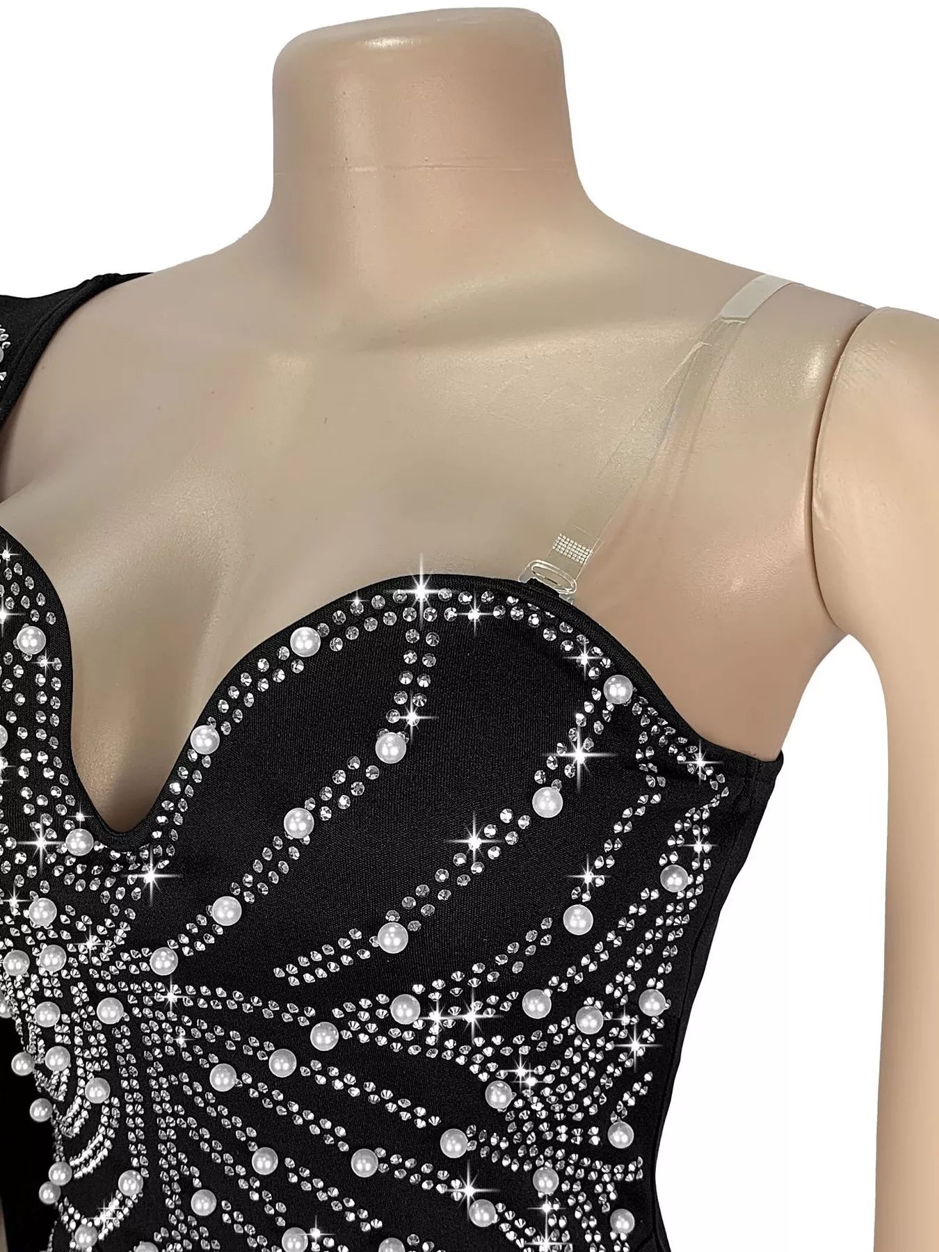 Trendsi Rhinestone Pearl Detail One-Shoulder Mermaid Maxi Dress -