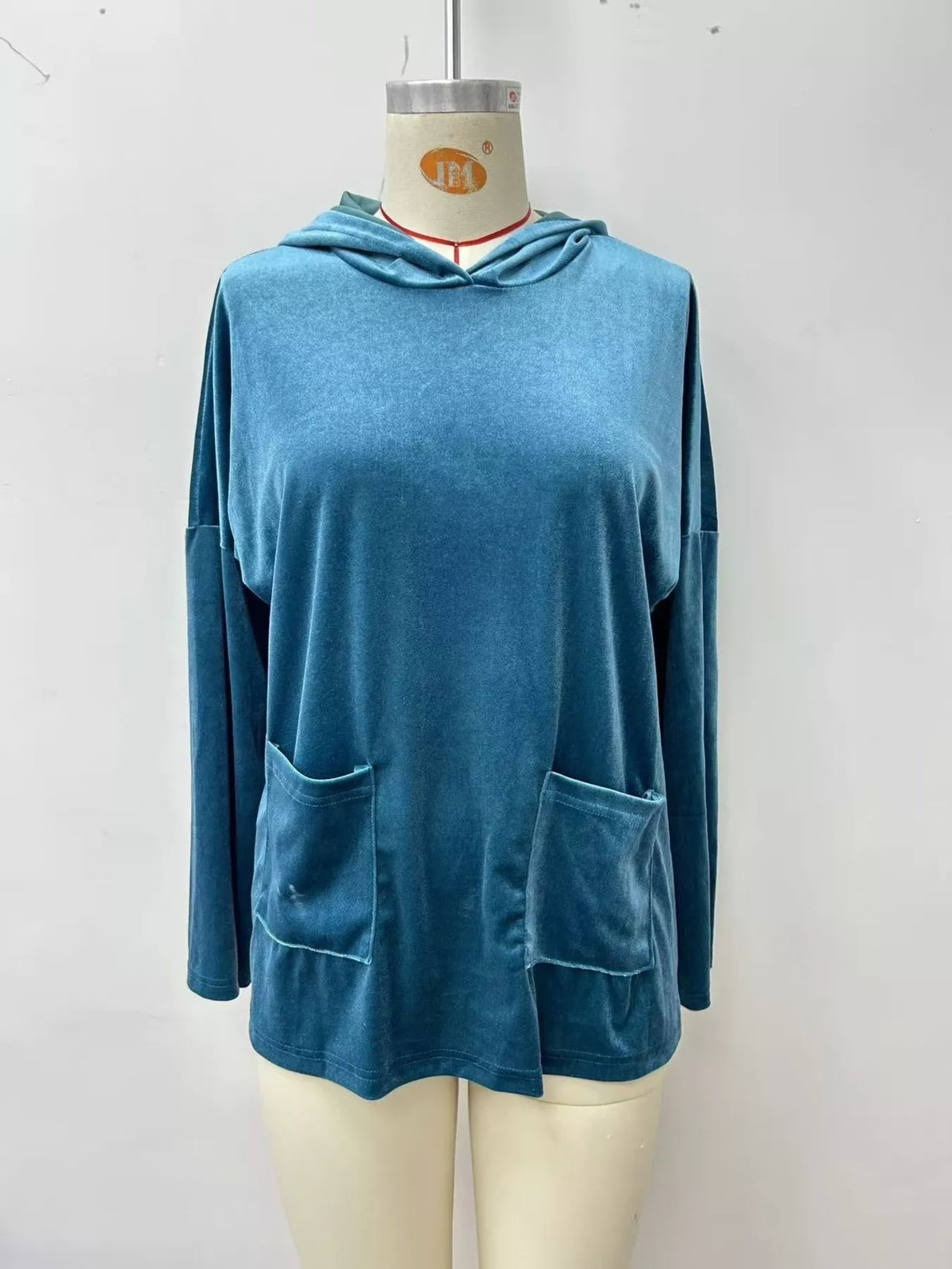 Women's Velvet Front Pockets Hoodie in Teal, alternate view