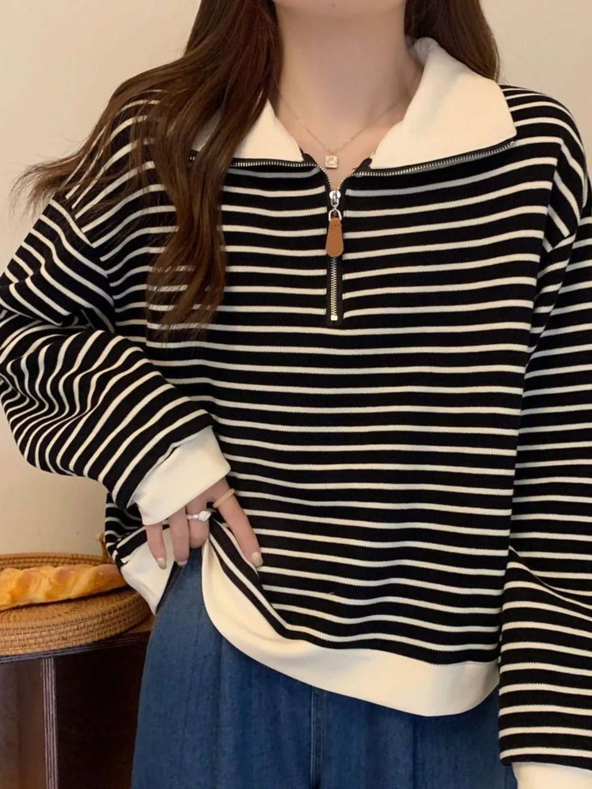 Striped Quarter-Zip Pullover Sweatshirt in black