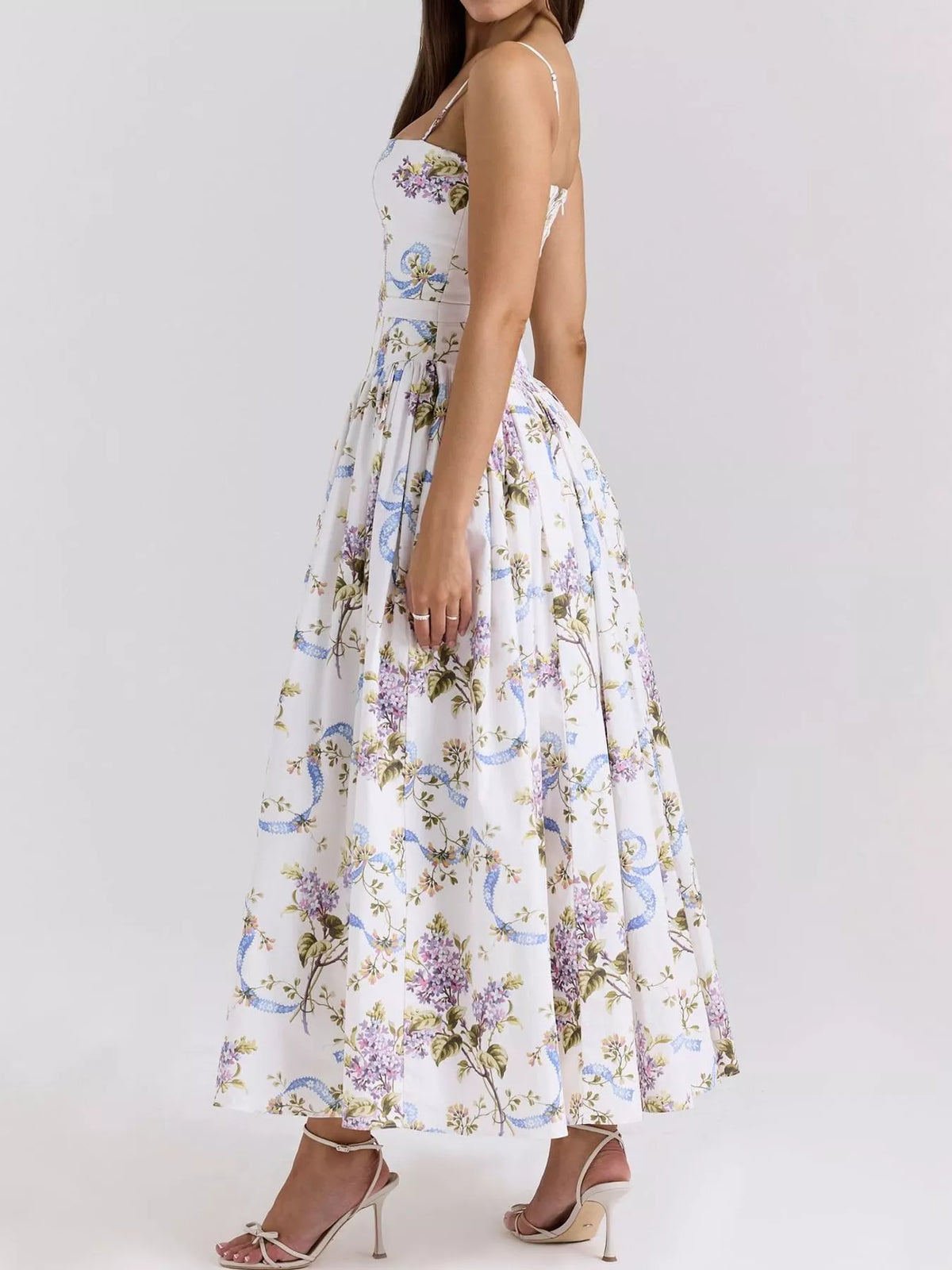 Women's Paneled Bodice Gathered Midi Dress in blue floral — side view