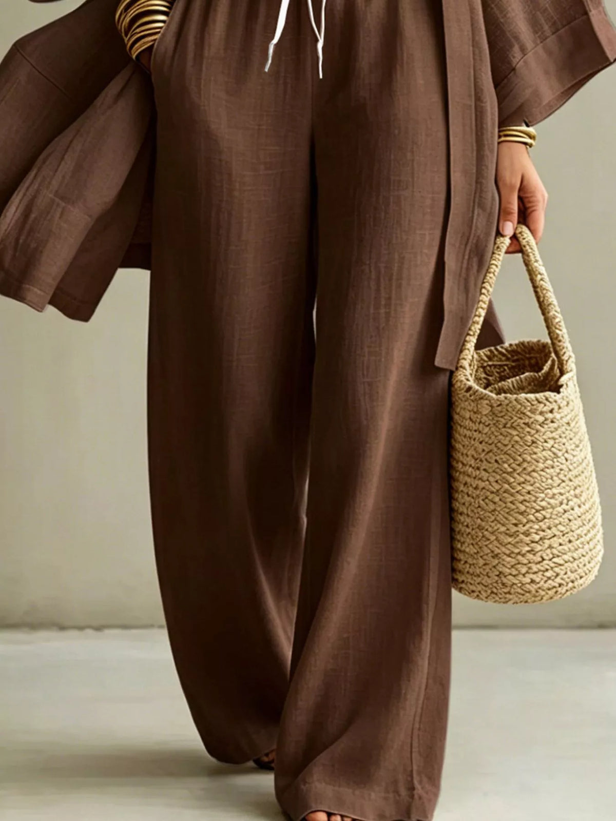 V-Neck Top, Cardigan and Pants Three-Piece Set in brown, construction detail