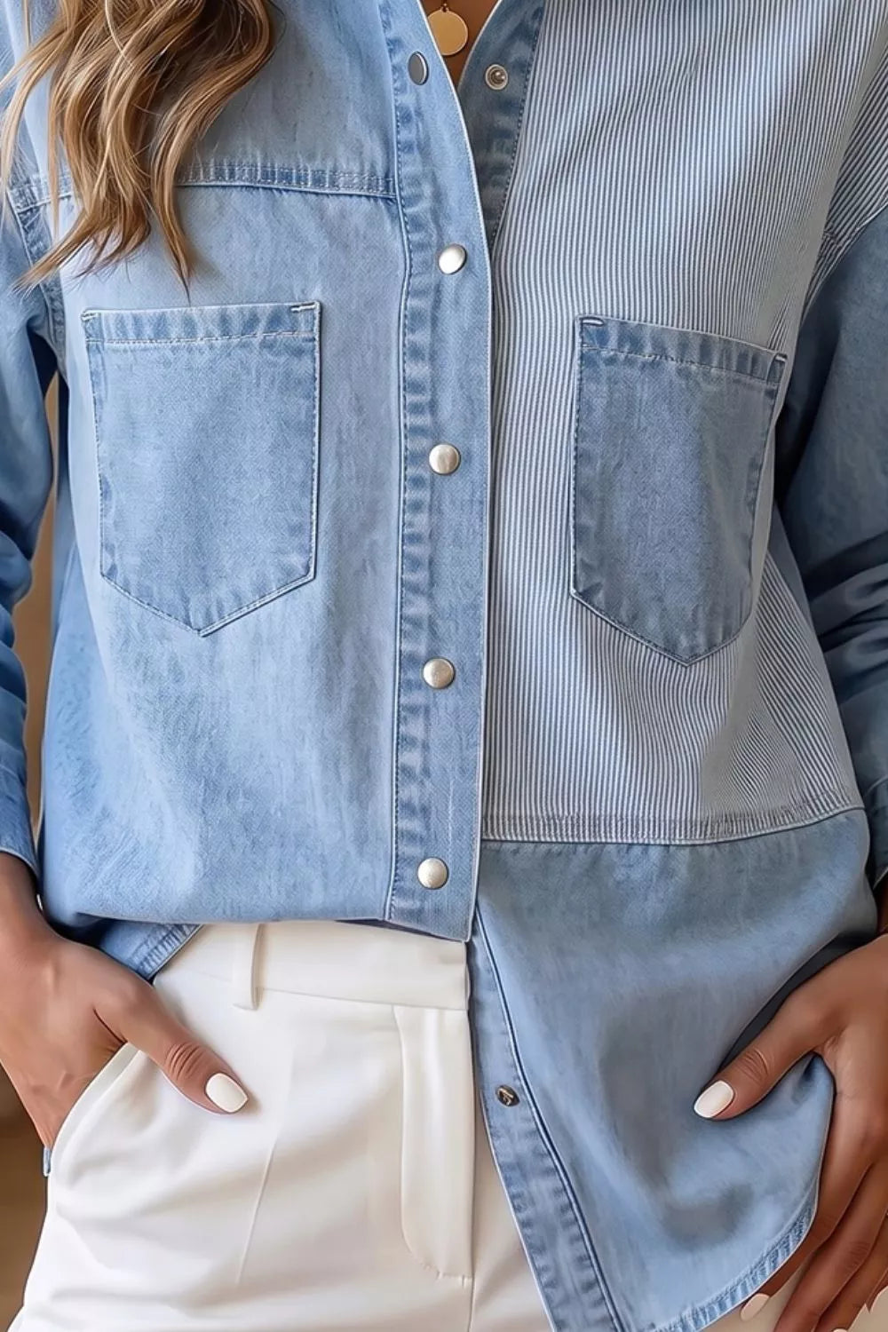 Trendsi Two-Tone Denim Patchwork Shirt -