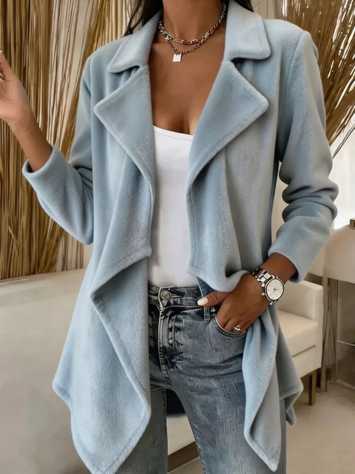 Blue fleece waterfall collar jacket