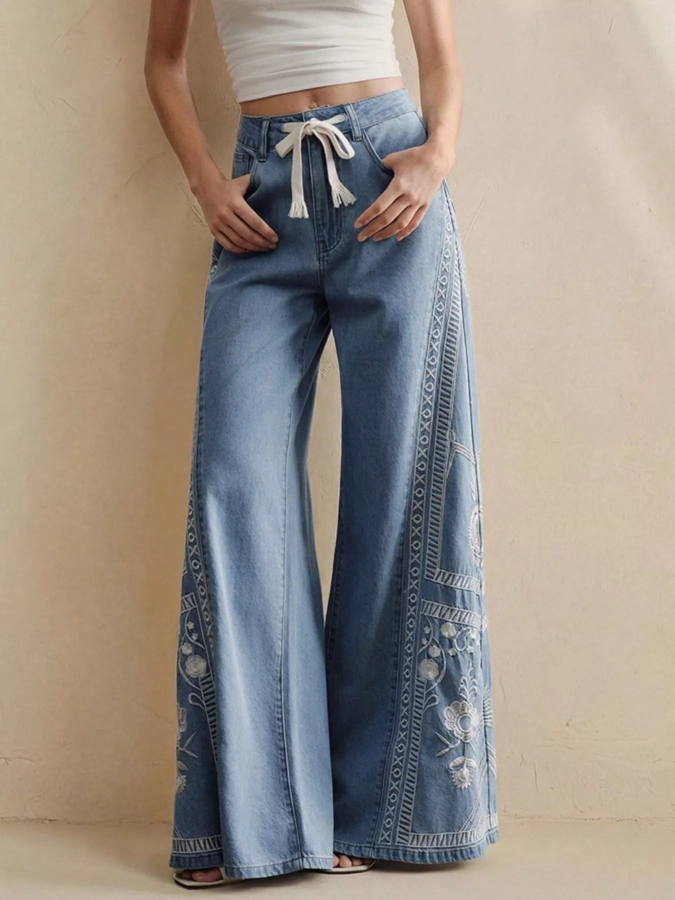 Trendsi Embroidered Wide-Leg Drawstring Jeans -