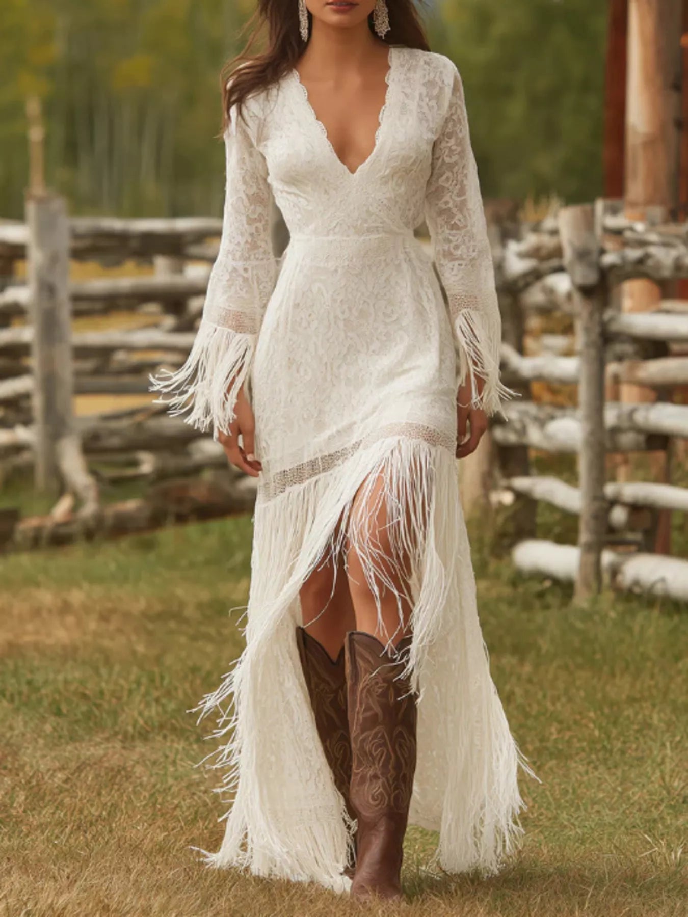 Trendsi Lace Fringe V-Neck Maxi Dress -