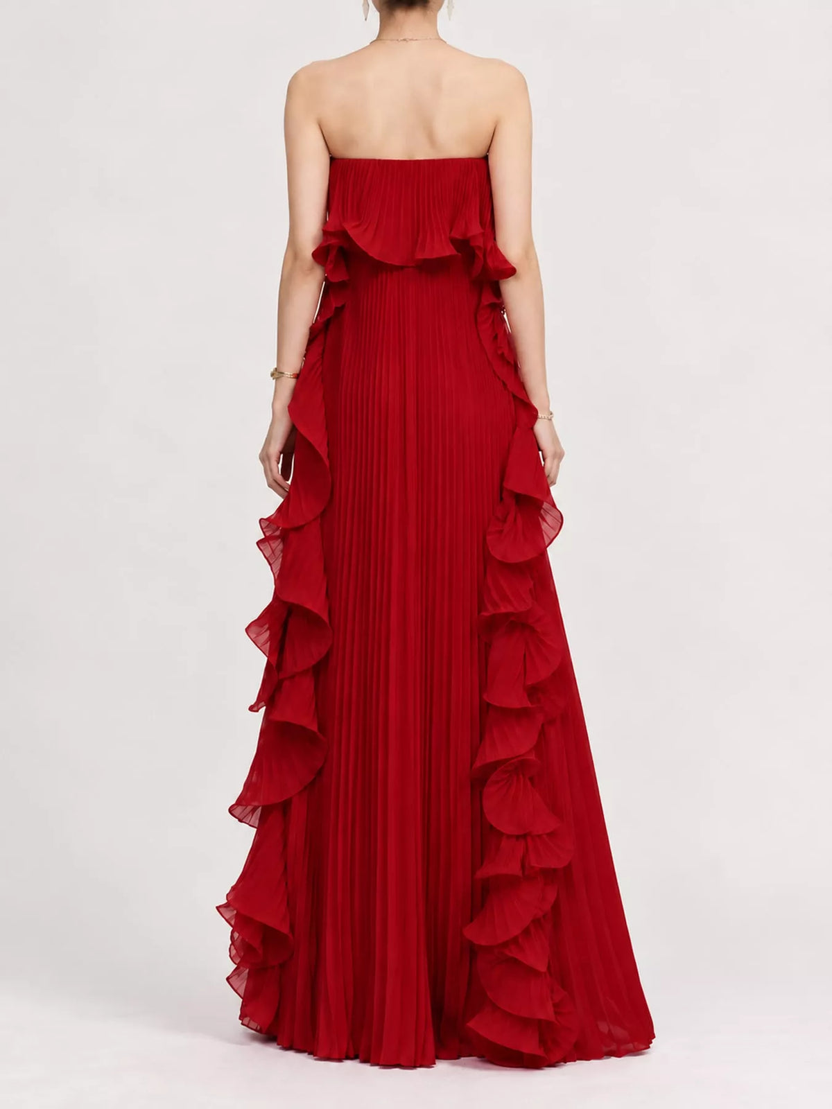Ruffled Strapless Pleated Maxi Dress — back view