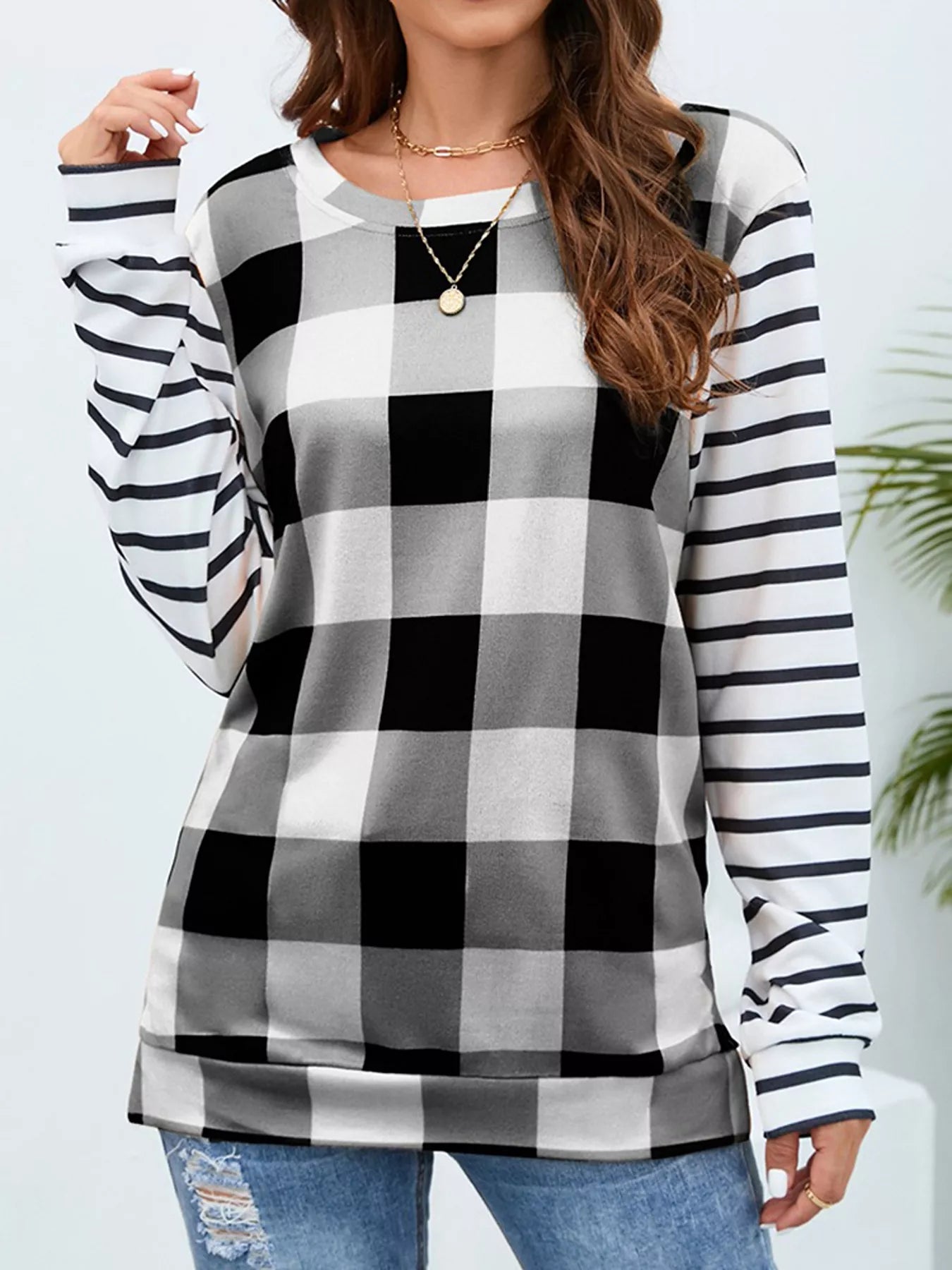 Trendsi Plaid and Stripe Contrast Long Sleeve T-Shirt -