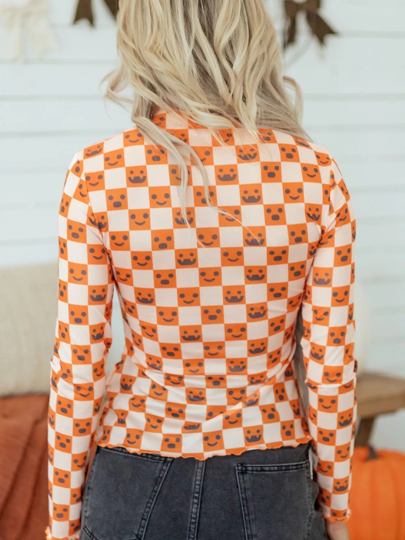 Trendsi Abstract Halloween Pattern Long Sleeve Mock Neck Blouse -