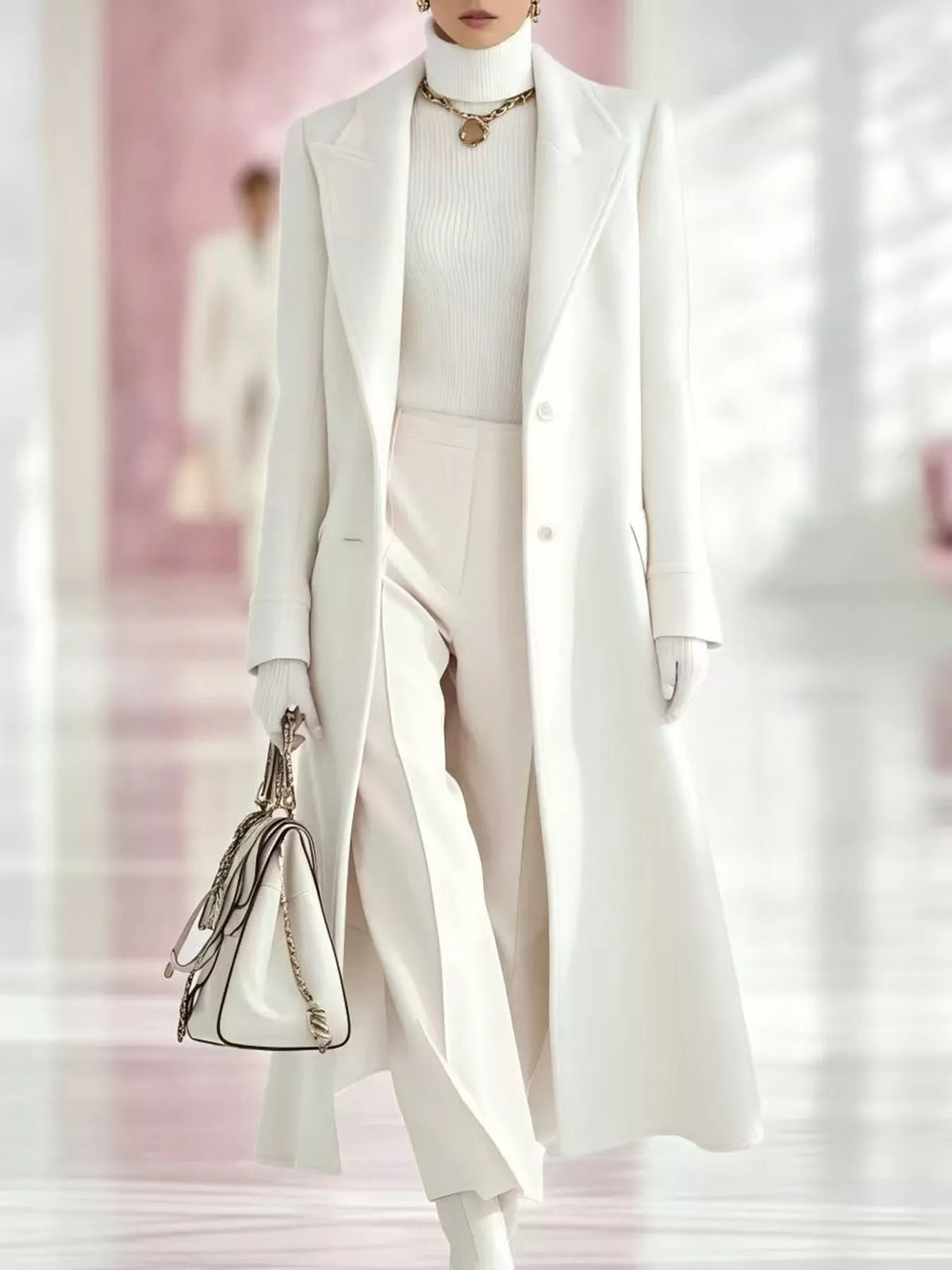 Women's Lapel Collar Longline Coat in white — front view