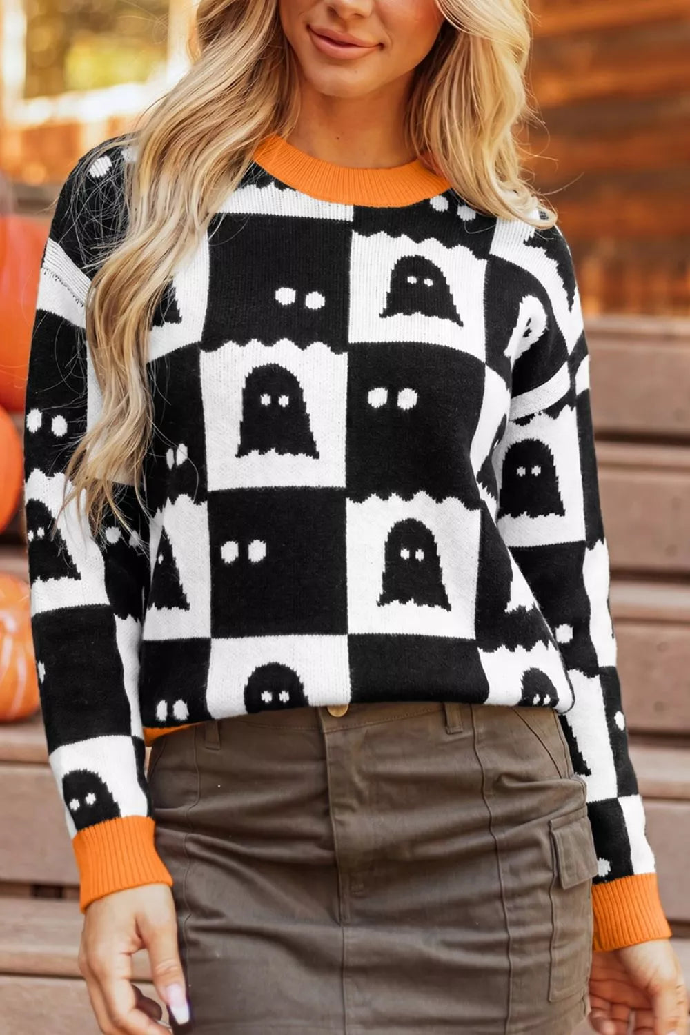 Trendsi Halloween Ghost Pattern Checkerboard Sweater -