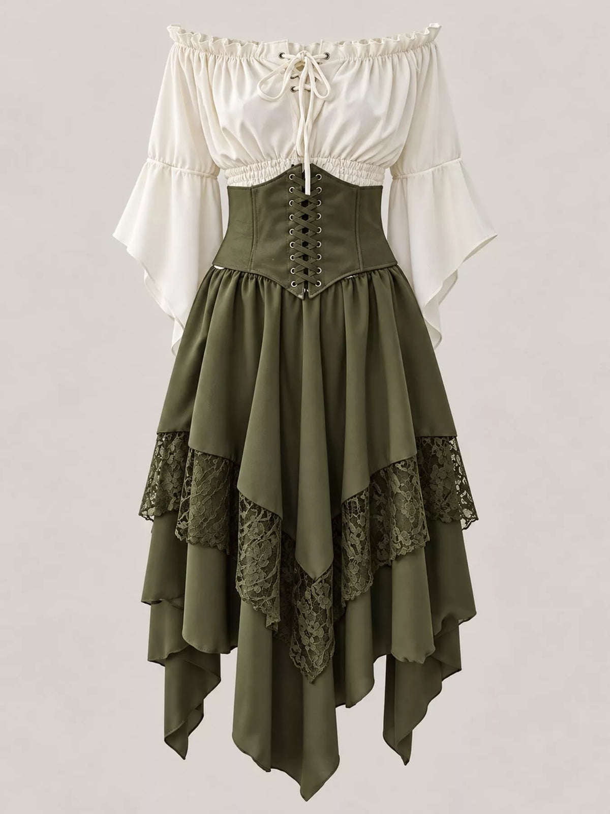 Green skirt and white top off-shoulder top, waist band and skirt set — front view