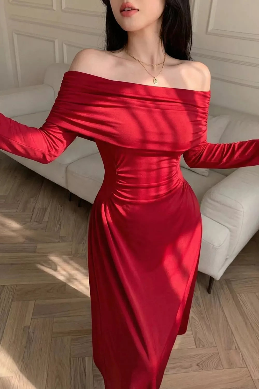 Trendsi Off-Shoulder Ruched Bodycon Maxi Dress -