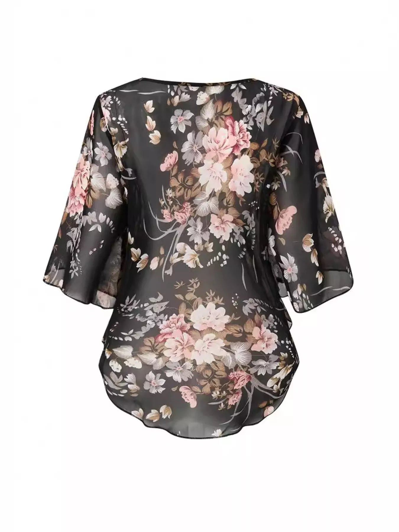 Trendsi Sheer Floral Print Blouse with Flutter Sleeves -